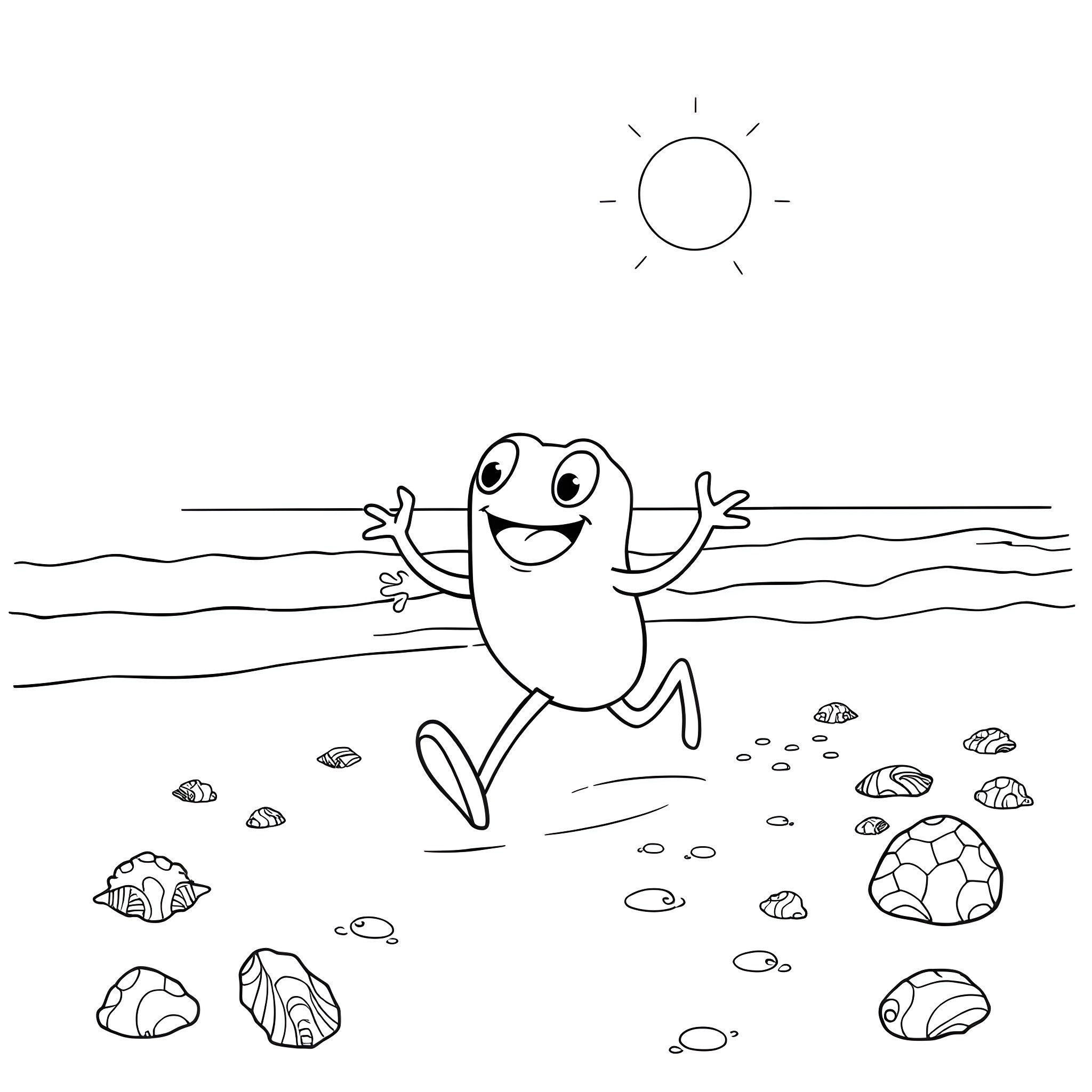 Booger jumping happily on the beach Coloring Page (free black-and-white line drawing printable PDF for all, from beginners to advanced learners, including children, teens, adults, and seniors)