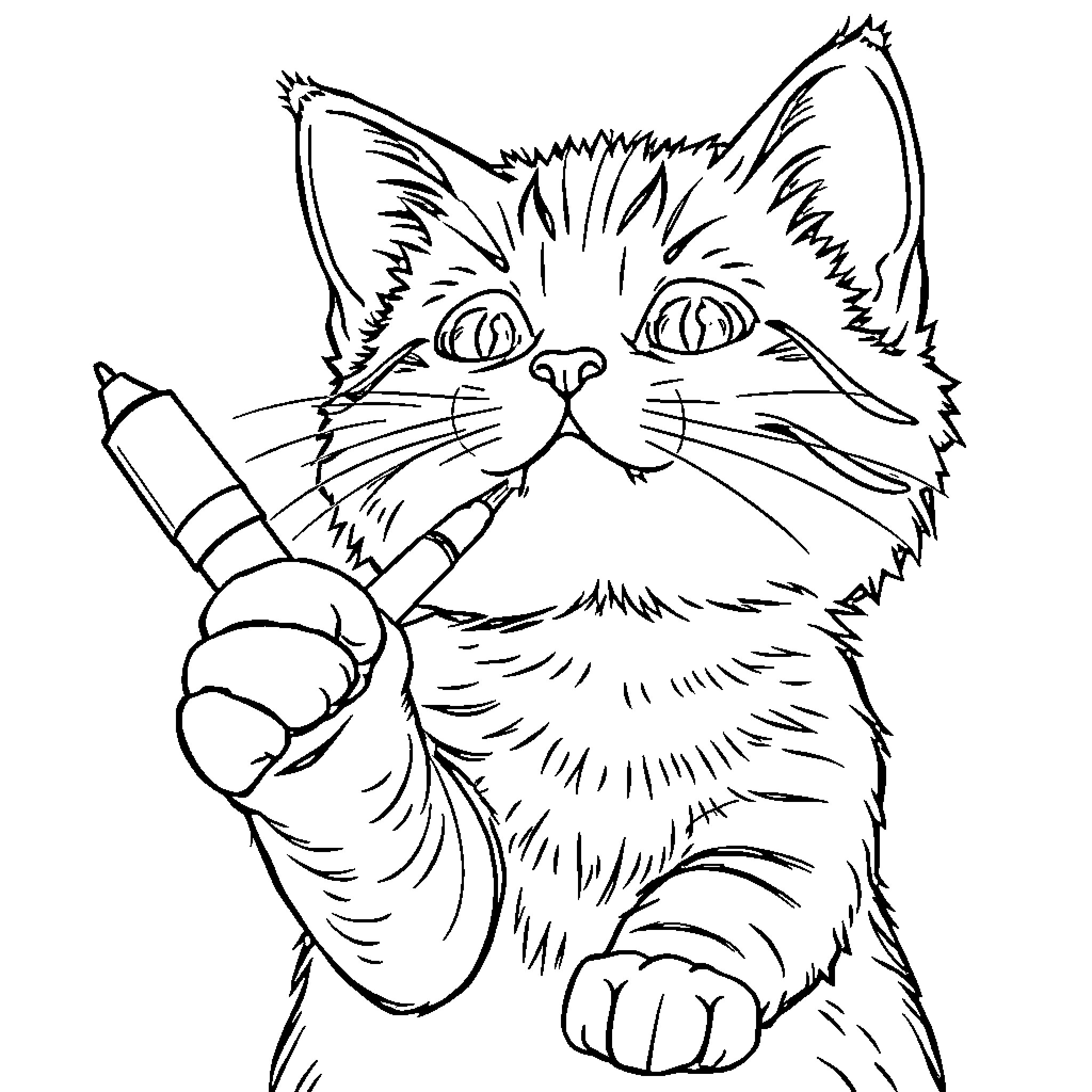 Cat holding a pencil Coloring Page (free black-and-white line drawing printable PDF for all, from beginners to advanced learners, including children, teens, adults, and seniors)