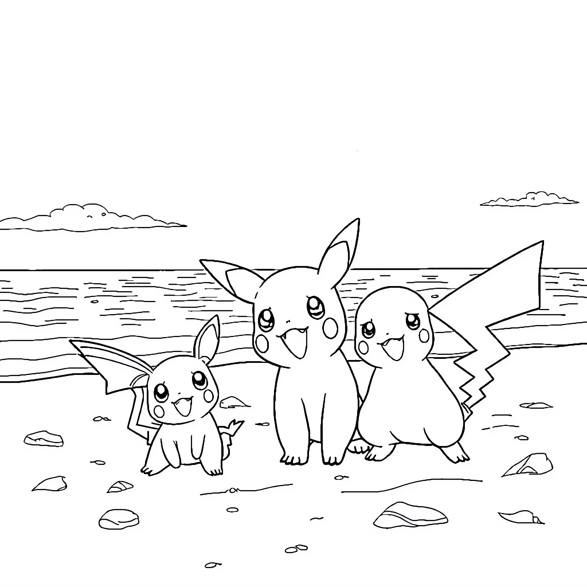 Pokémon characters posing on a beach scene Coloring Page (free black-and-white line drawing printable PDF for all, from beginners to advanced learners, including children, teens, adults, and seniors)