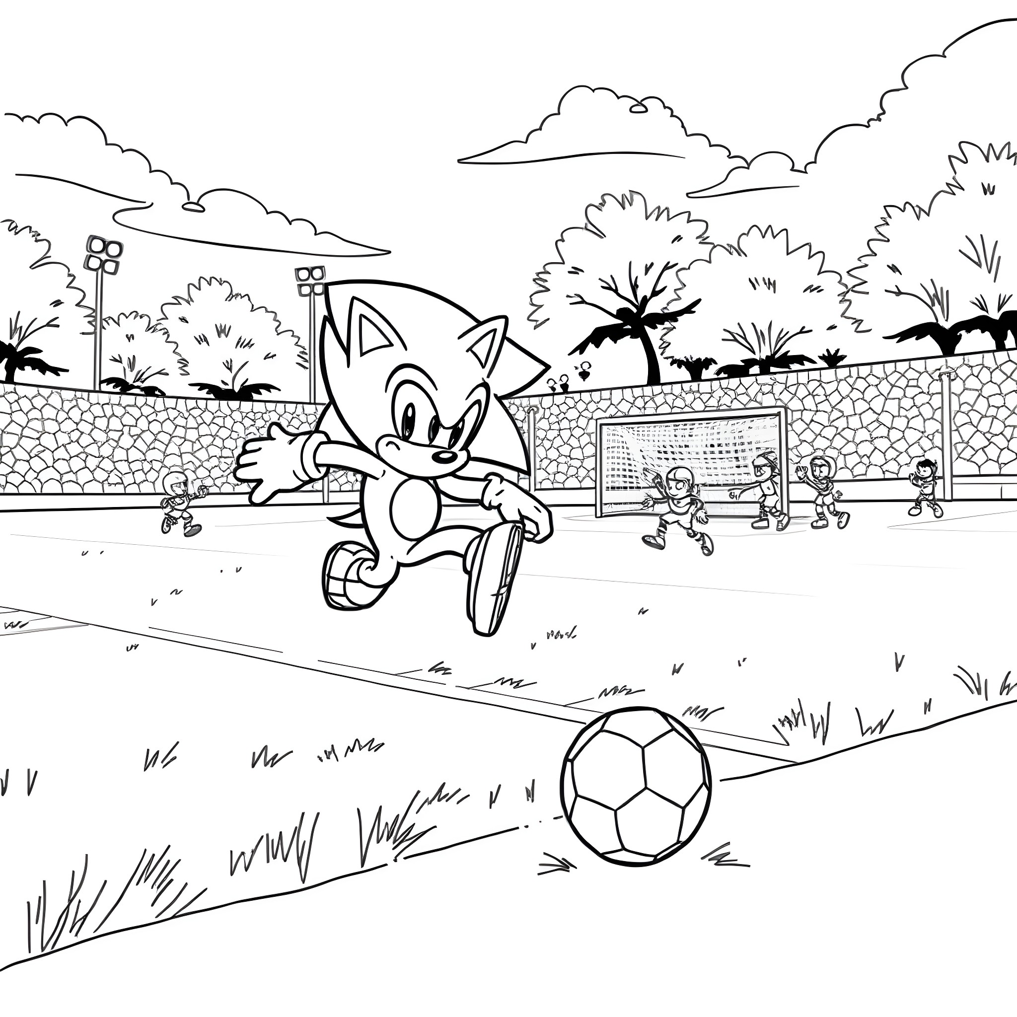 Sonic playing soccer in a vibrant outdoor scene Coloring Page (free black-and-white line drawing printable PDF for all, from beginners to advanced learners, including children, teens, adults, and seniors)
