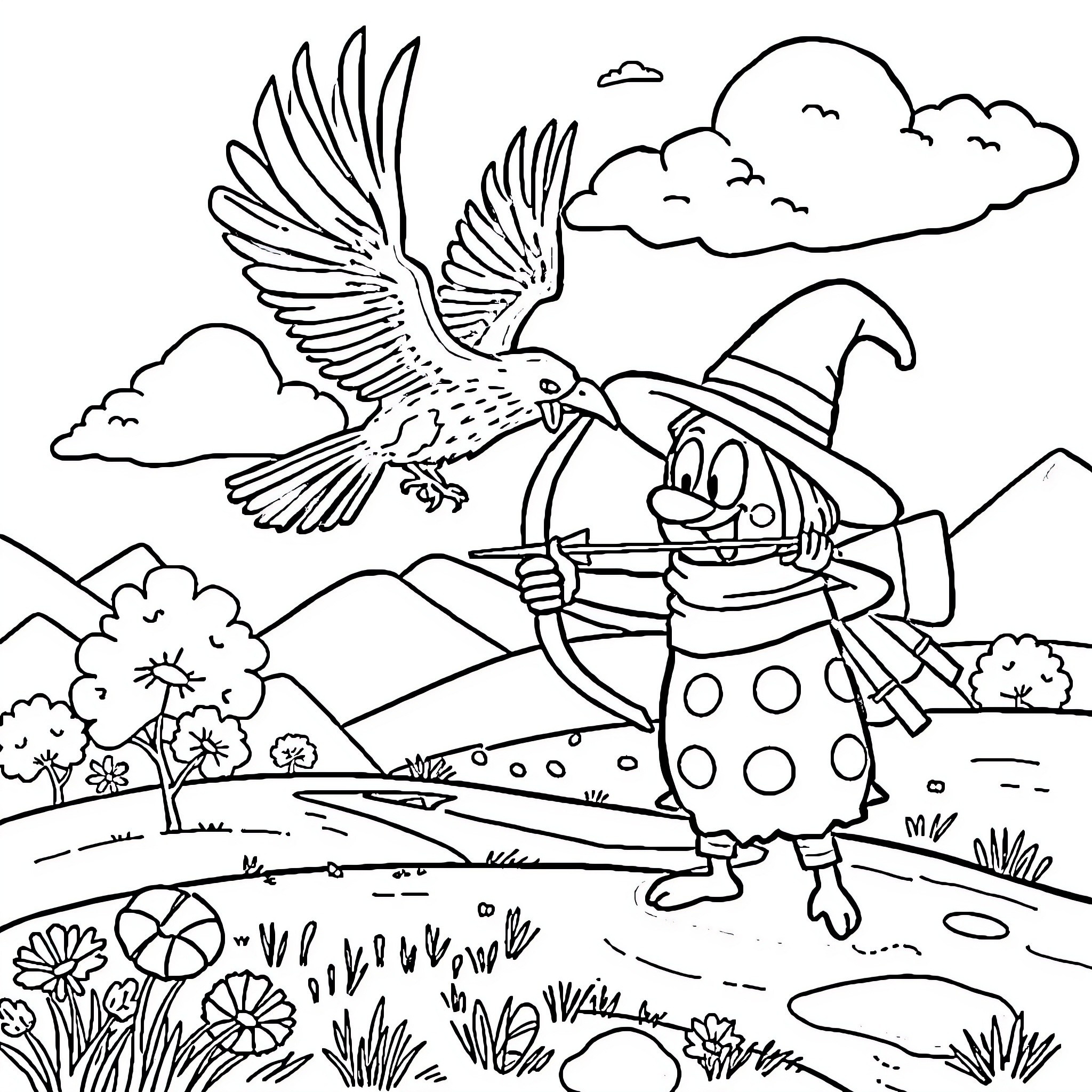 Fall Guy Battles Mythical Creature in Whimsical Landscape Coloring Page (free black-and-white line drawing printable PDF for all, from beginners to advanced learners, including children, teens, adults, and seniors)