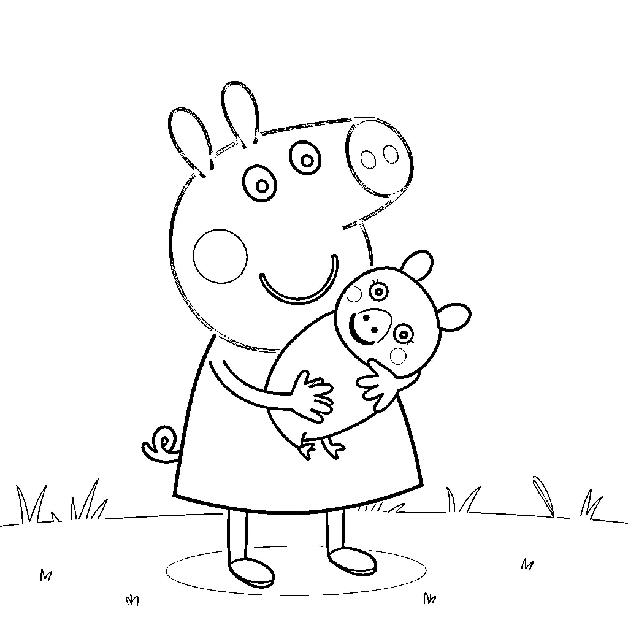 Peppa Pig hugging her little brother Coloring Page (free black-and-white line drawing printable PDF for all, from beginners to advanced learners, including children, teens, adults, and seniors)
