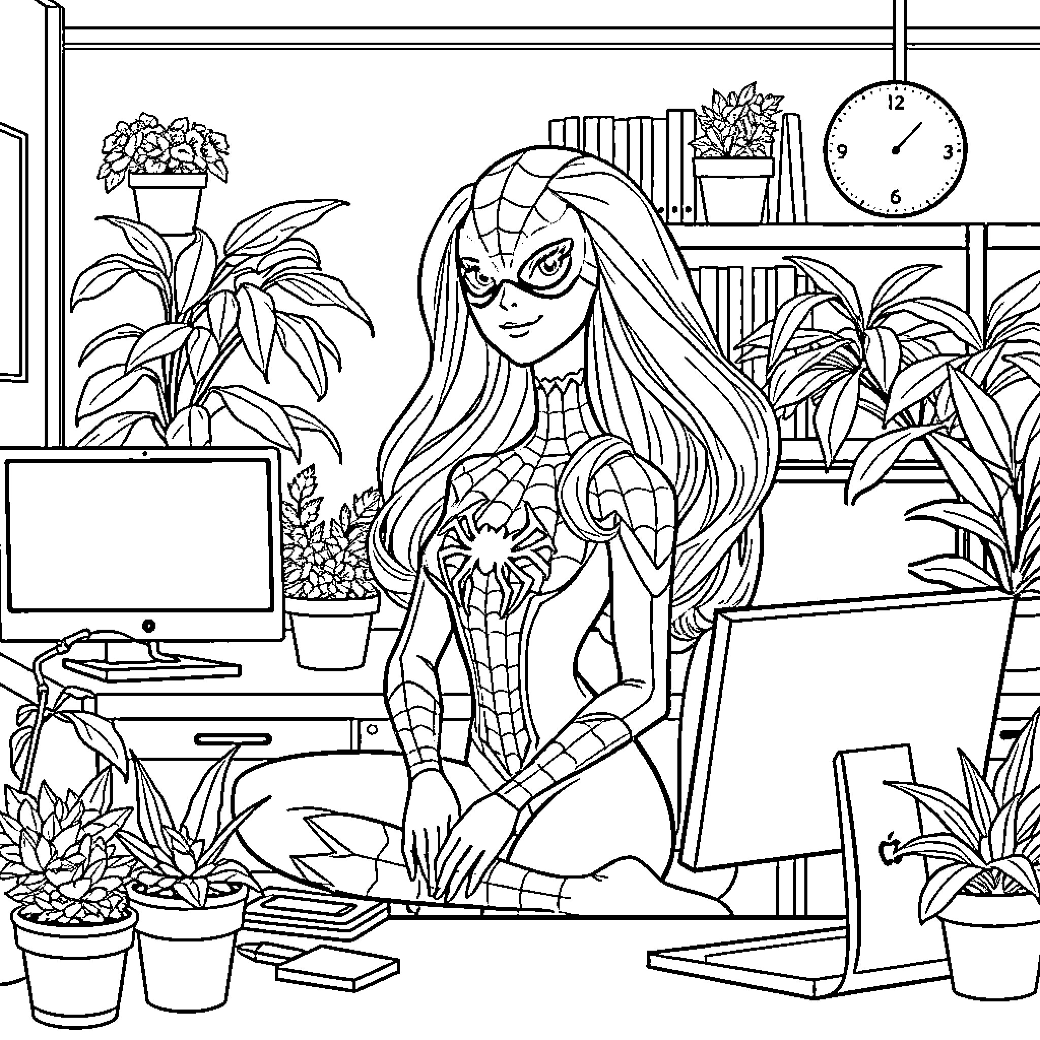 Barbie as a Superhero in her Office Workspace Coloring Page (free black-and-white line drawing printable PDF for all, from beginners to advanced learners, including children, teens, adults, and seniors)