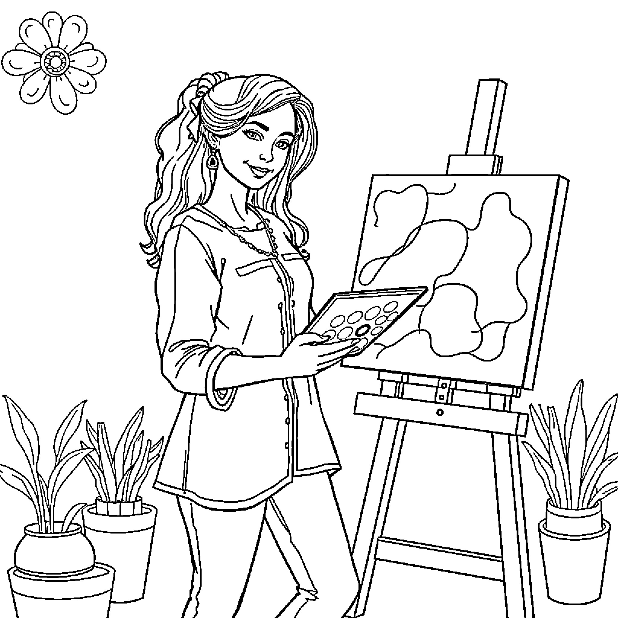 Roxane's Artful Endeavors in the Studio Coloring Page (free black-and-white line drawing printable PDF for all, from beginners to advanced learners, including children, teens, adults, and seniors)