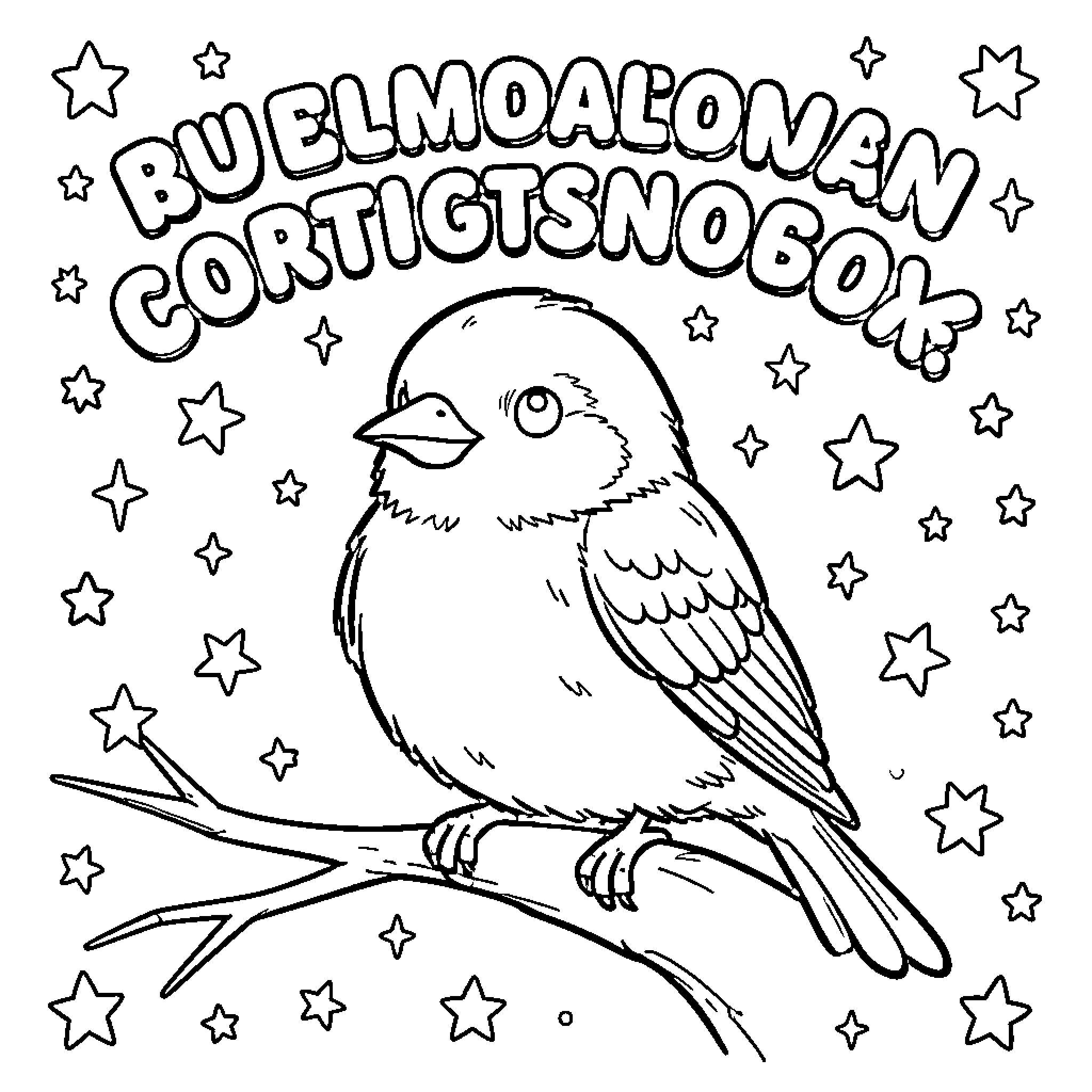 Sparrow perching amidst twinkling stars Coloring Page (free black-and-white line drawing printable PDF for all, from beginners to advanced learners, including children, teens, adults, and seniors)
