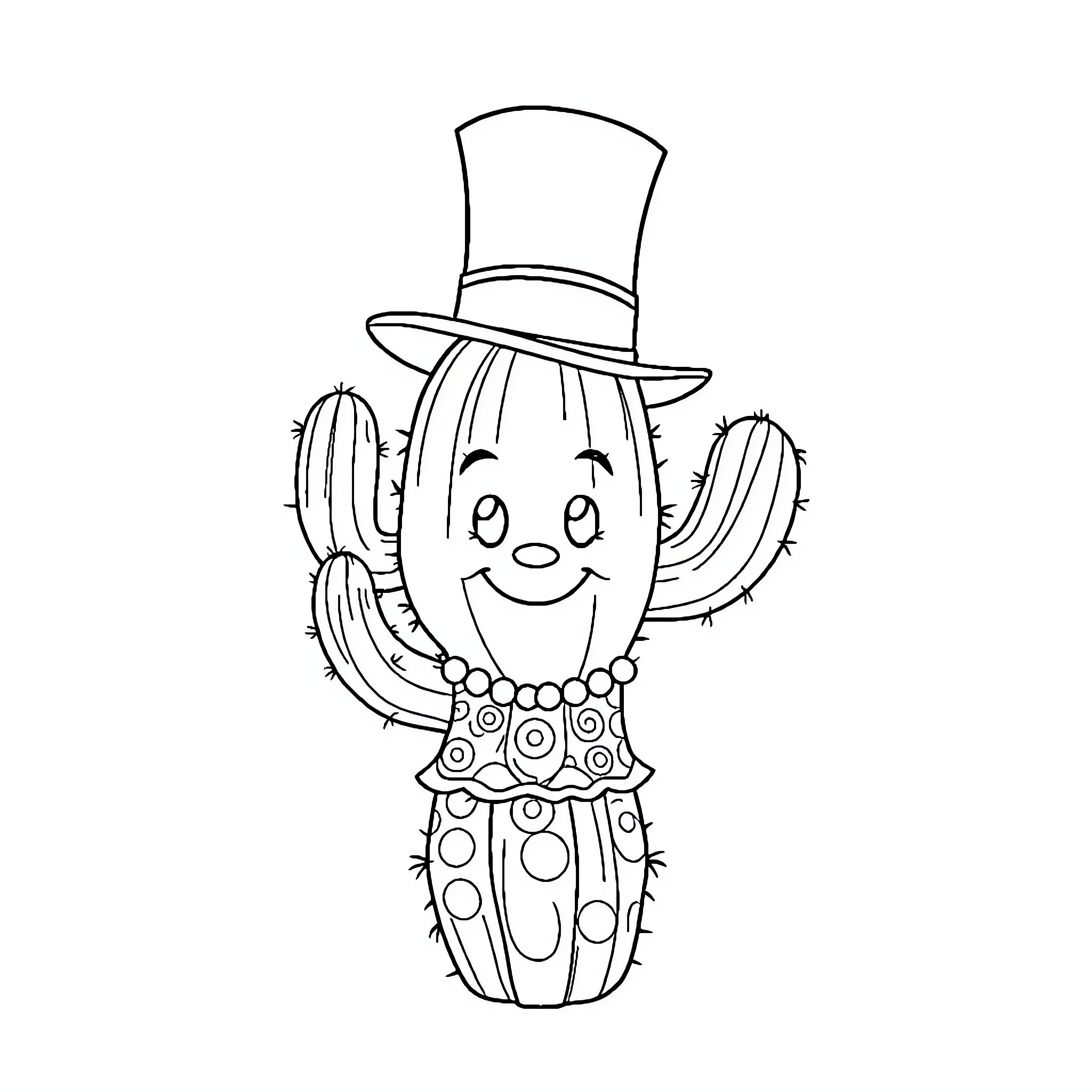 Cactus wearing a top hat and bowtie Coloring Page (free black-and-white line drawing printable PDF for all, from beginners to advanced learners, including children, teens, adults, and seniors)