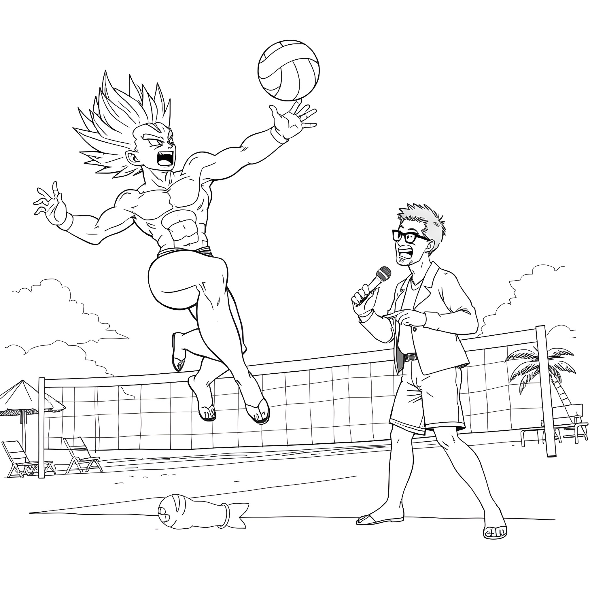 Majin Vegeta engaging in high-energy volleyball match Coloring Page (free black-and-white line drawing printable PDF for all, from beginners to advanced learners, including children, teens, adults, and seniors)