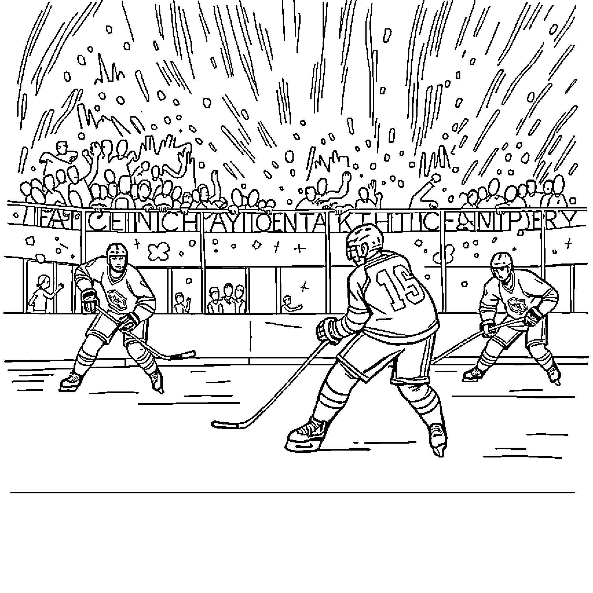 Hockey Players in Intense Game Action Coloring Page (free black-and-white line drawing printable PDF for all, from beginners to advanced learners, including children, teens, adults, and seniors)