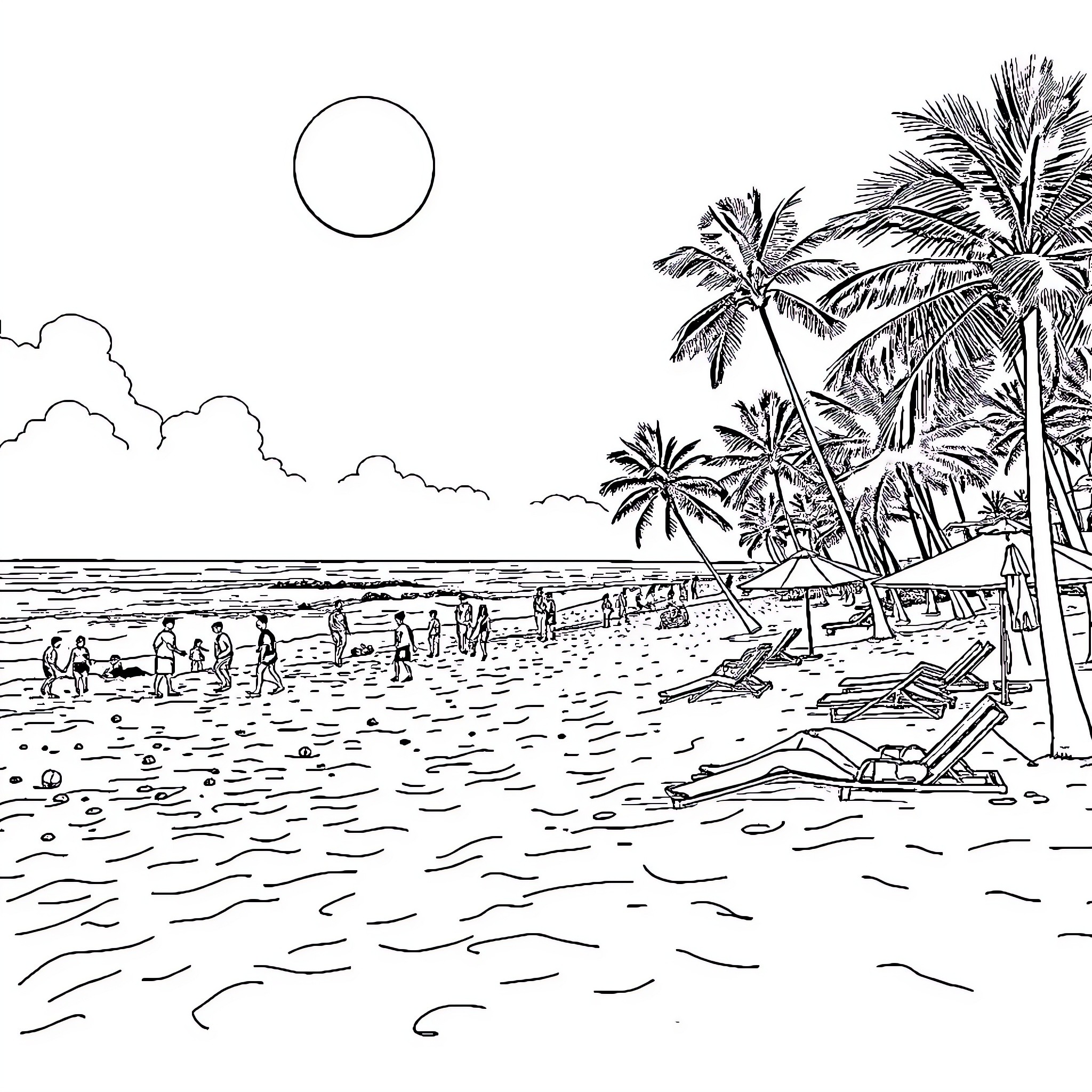Beach scene with palm trees and people enjoying the day Coloring Page (free black-and-white line drawing printable PDF for all, from beginners to advanced learners, including children, teens, adults, and seniors)