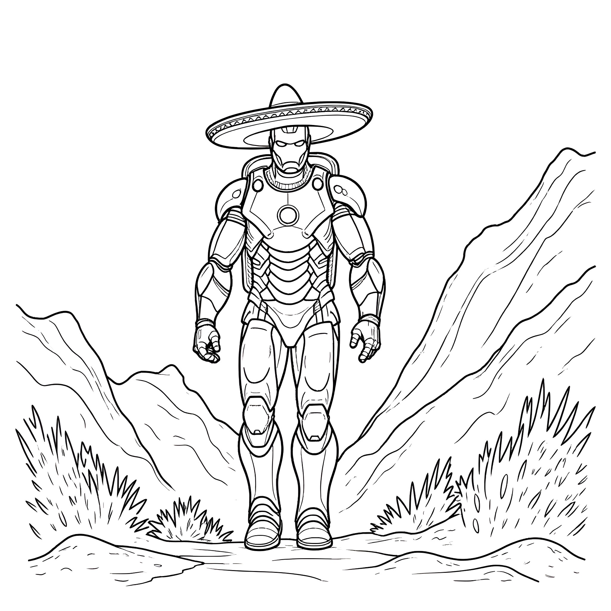 Iron Man in Sombrero Walking Confidently in Nature Coloring Page (free black-and-white line drawing printable PDF for all, from beginners to advanced learners, including children, teens, adults, and seniors)