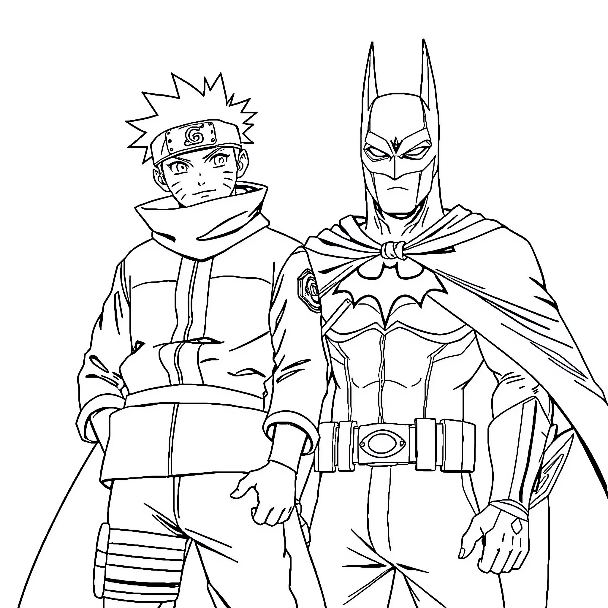 Naruto and Batman's Heroic Encounter Coloring Page (free black-and-white line drawing printable PDF for all, from beginners to advanced learners, including children, teens, adults, and seniors)