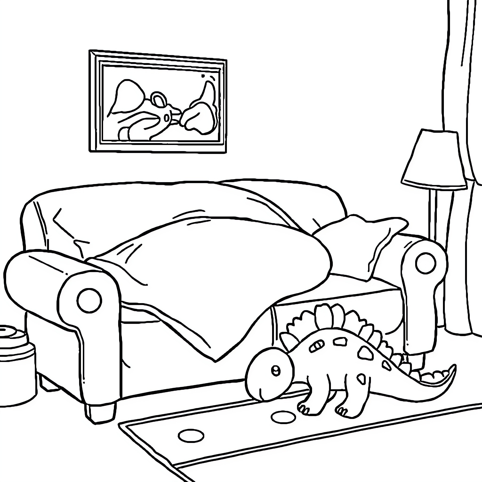 Car resting comfortably on the sofa with dinosaur toy Coloring Page (free black-and-white line drawing printable PDF for all, from beginners to advanced learners, including children, teens, adults, and seniors)