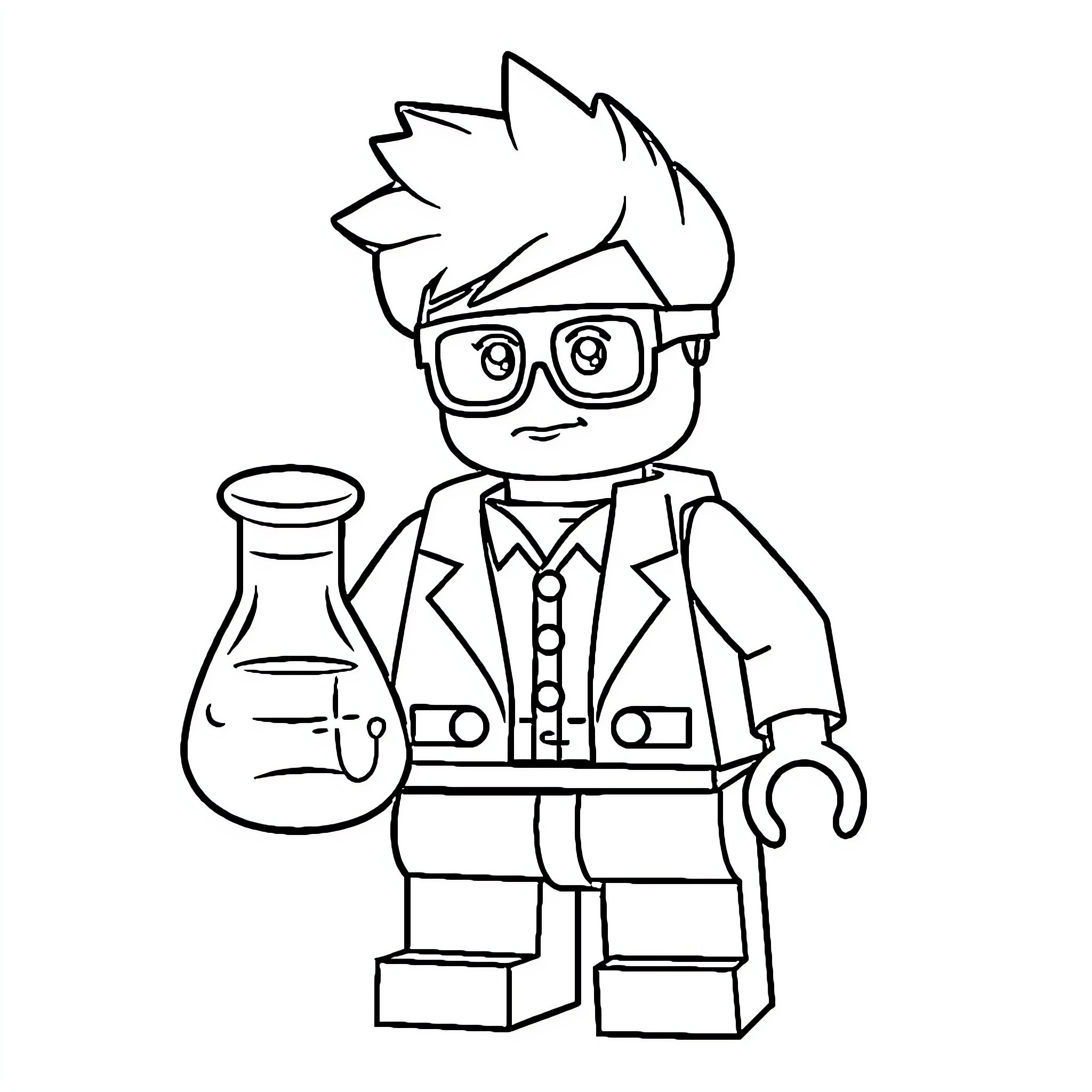 LEGO Minifigure scientist in lab coat with beaker Coloring Page (free black-and-white line drawing printable PDF for all, from beginners to advanced learners, including children, teens, adults, and seniors)