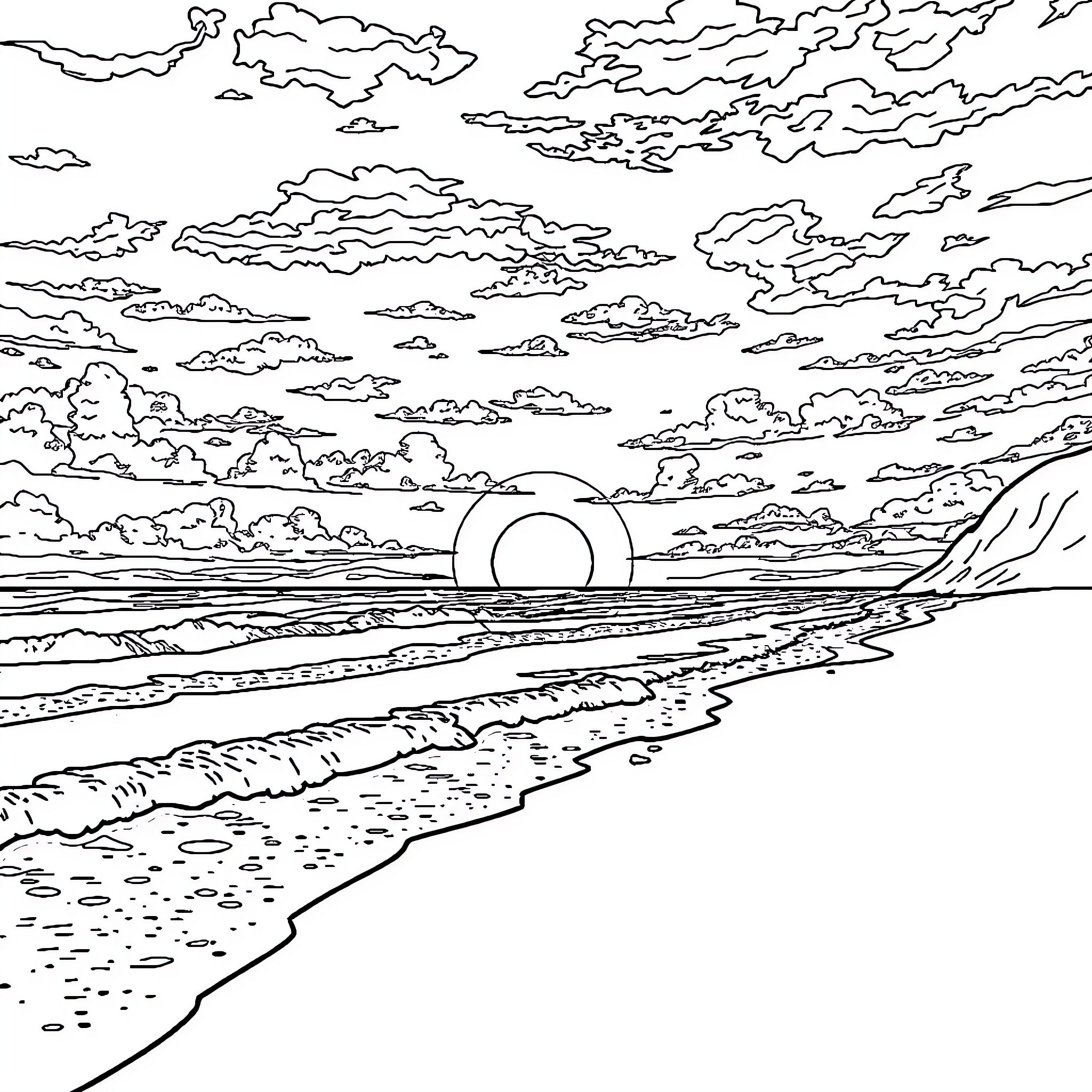 Sunset over the ocean and cloudy sky Coloring Page (free black-and-white line drawing printable PDF for all, from beginners to advanced learners, including children, teens, adults, and seniors)