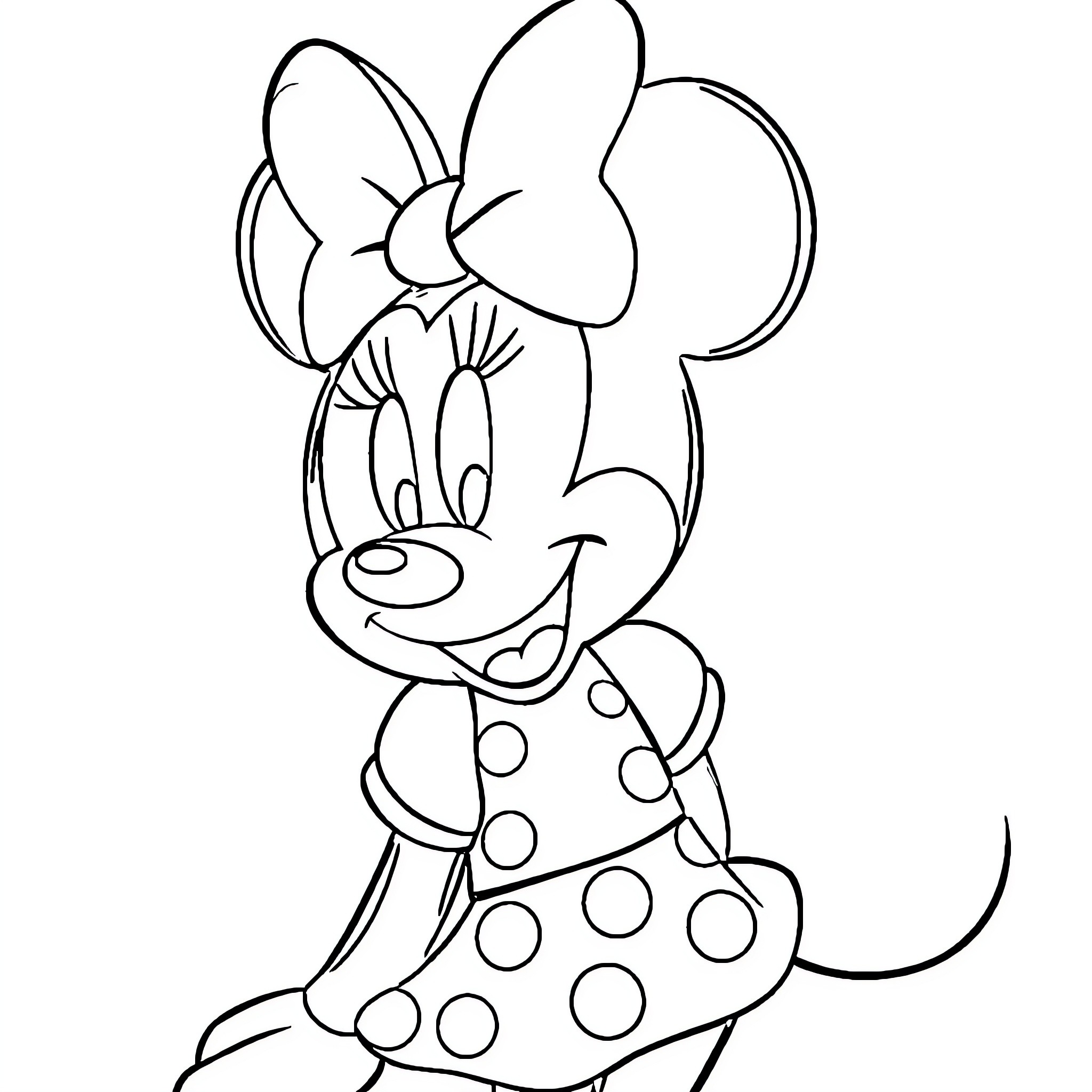 Minnie Mouse in a Playful Pose Coloring Page (free black-and-white line drawing printable PDF for all, from beginners to advanced learners, including children, teens, adults, and seniors)