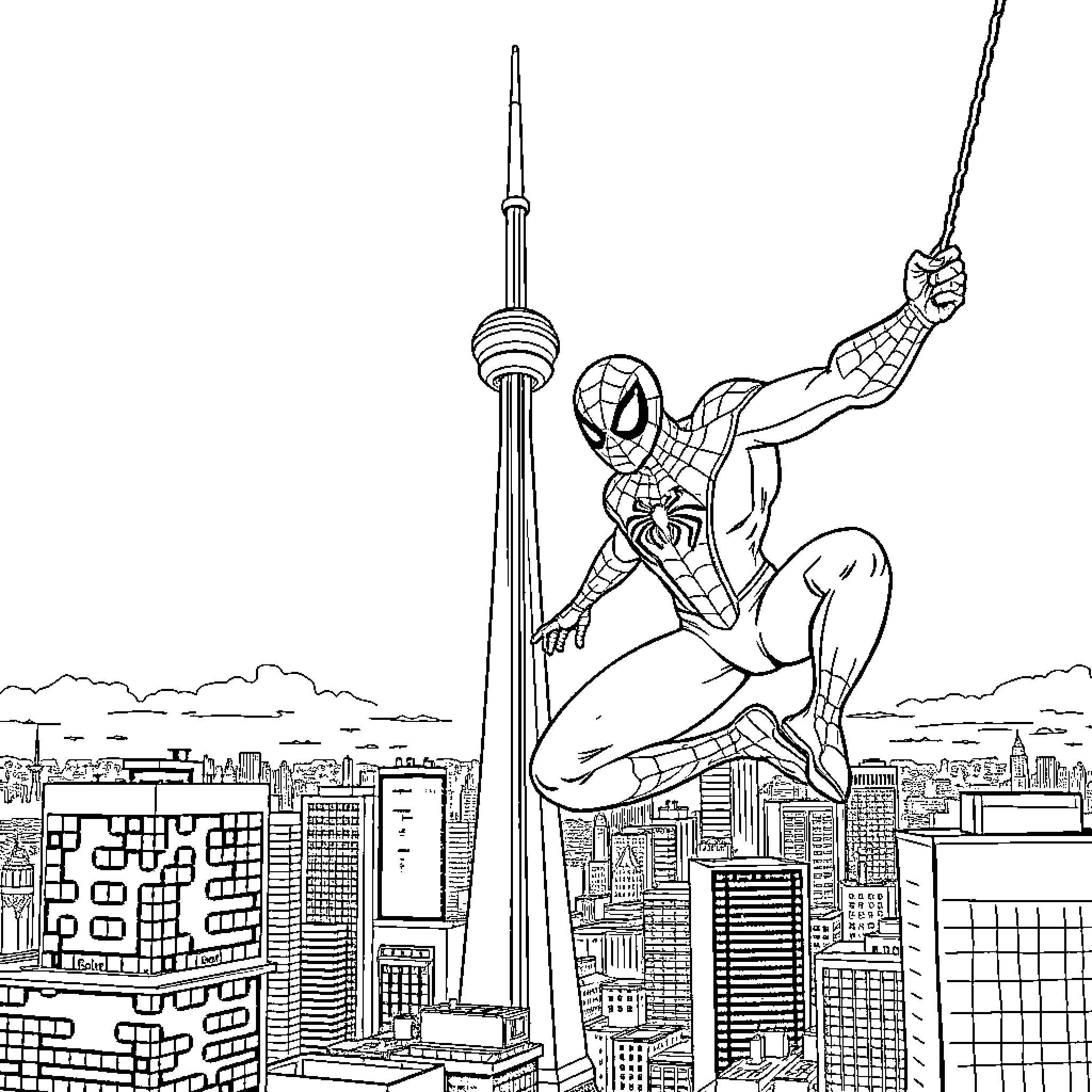Spider-Man swinging through the city skyline Coloring Page (free black-and-white line drawing printable PDF for all, from beginners to advanced learners, including children, teens, adults, and seniors)