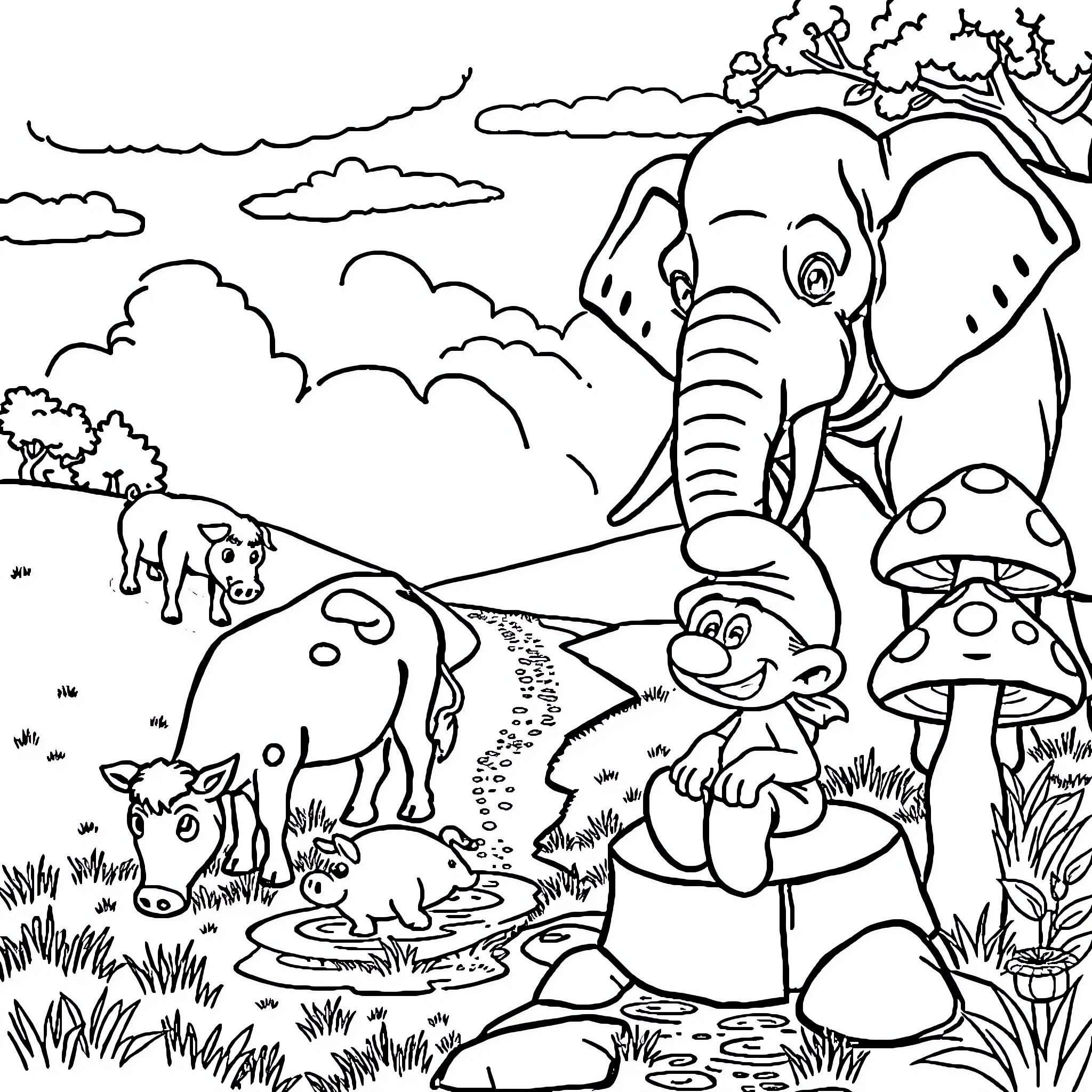 Animal friends in the forest landscape Coloring Page (free black-and-white line drawing printable PDF for all, from beginners to advanced learners, including children, teens, adults, and seniors)