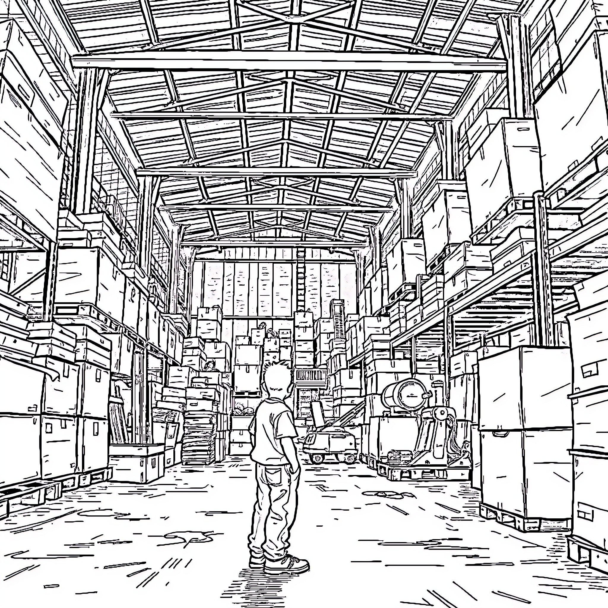 Boy exploring vast warehouse filled with boxes Coloring Page (free black-and-white line drawing printable PDF for all, from beginners to advanced learners, including children, teens, adults, and seniors)