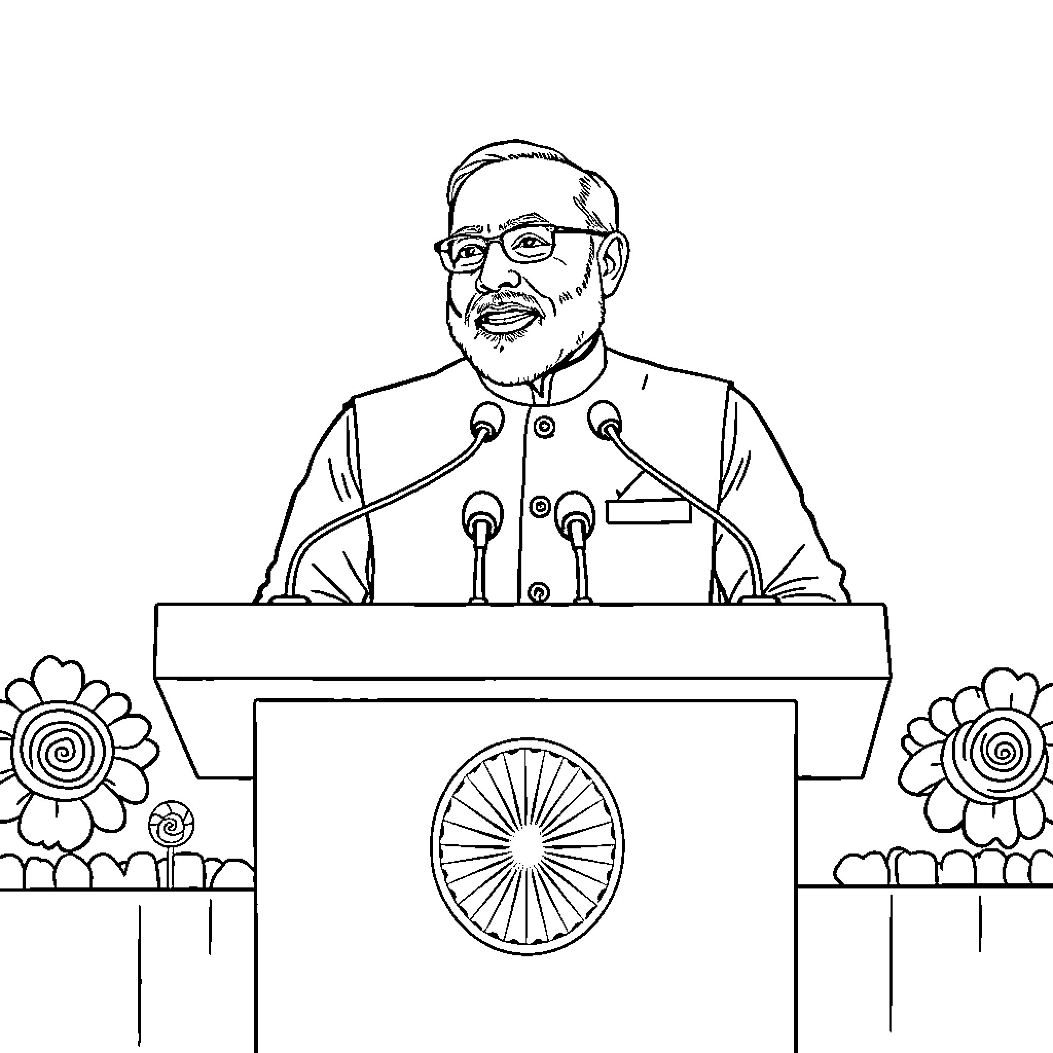Modi Speaking at Podium with Flowers Coloring Page (free black-and-white line drawing printable PDF for all, from beginners to advanced learners, including children, teens, adults, and seniors)