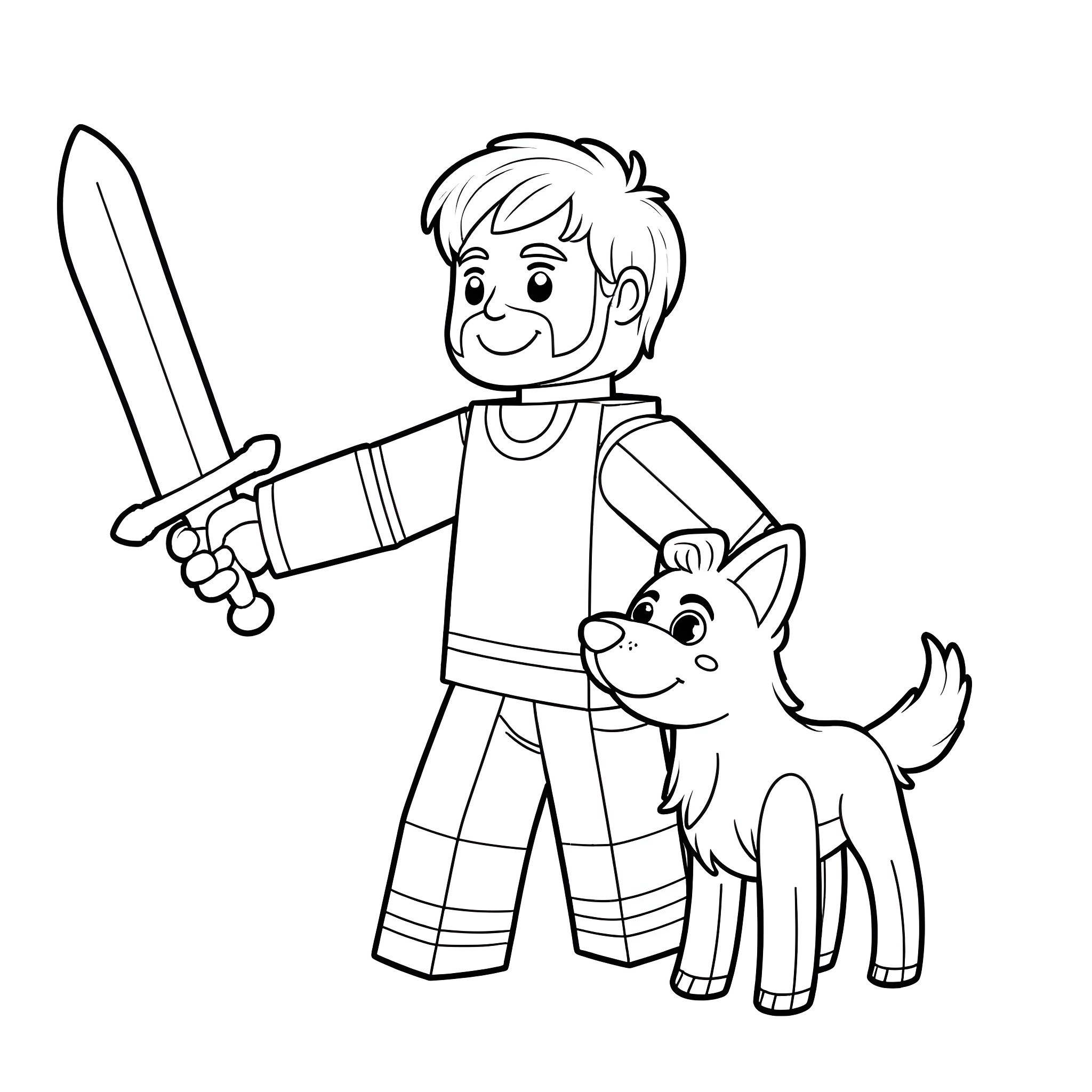 Steve playing with his dog and sword Coloring Page (free black-and-white line drawing printable PDF for all, from beginners to advanced learners, including children, teens, adults, and seniors)