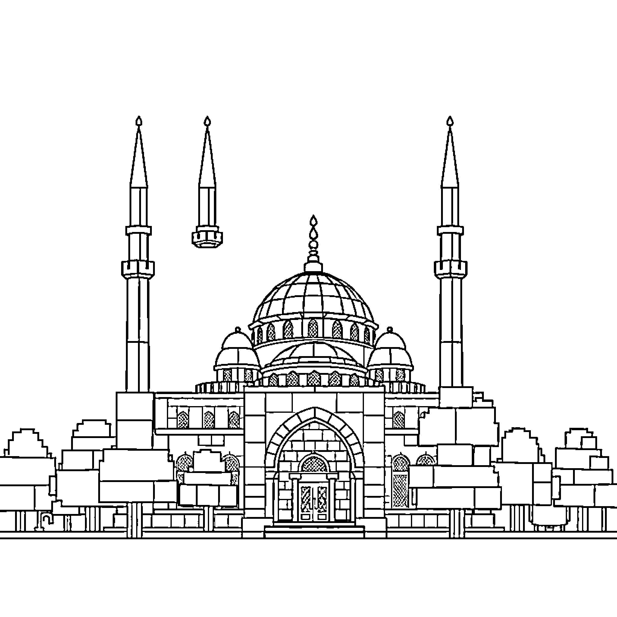 Mosque with distinct architecture and minaret Coloring Page (free black-and-white line drawing printable PDF for all, from beginners to advanced learners, including children, teens, adults, and seniors)