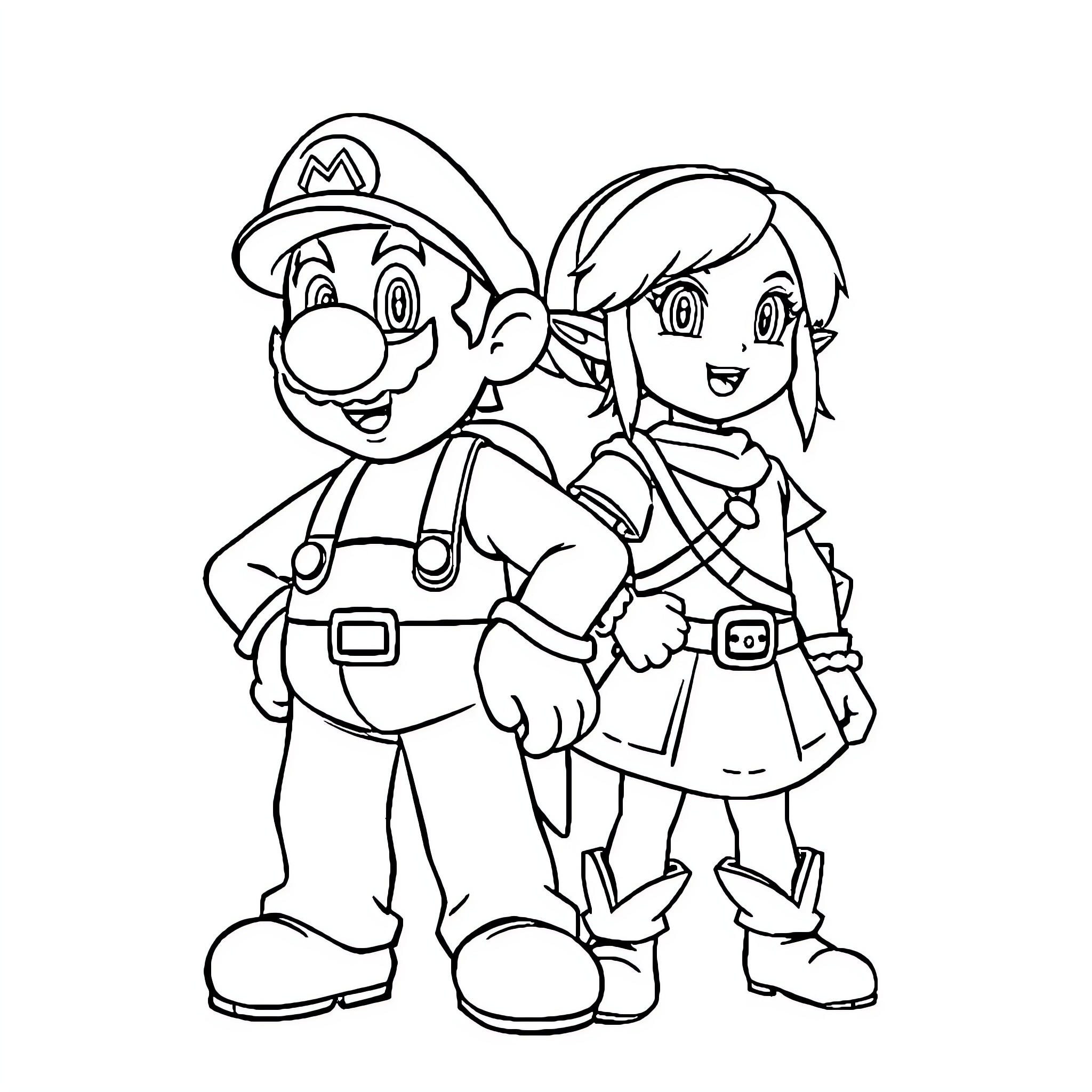 Mario and female companion in playful poses Coloring Page (free black-and-white line drawing printable PDF for all, from beginners to advanced learners, including children, teens, adults, and seniors)