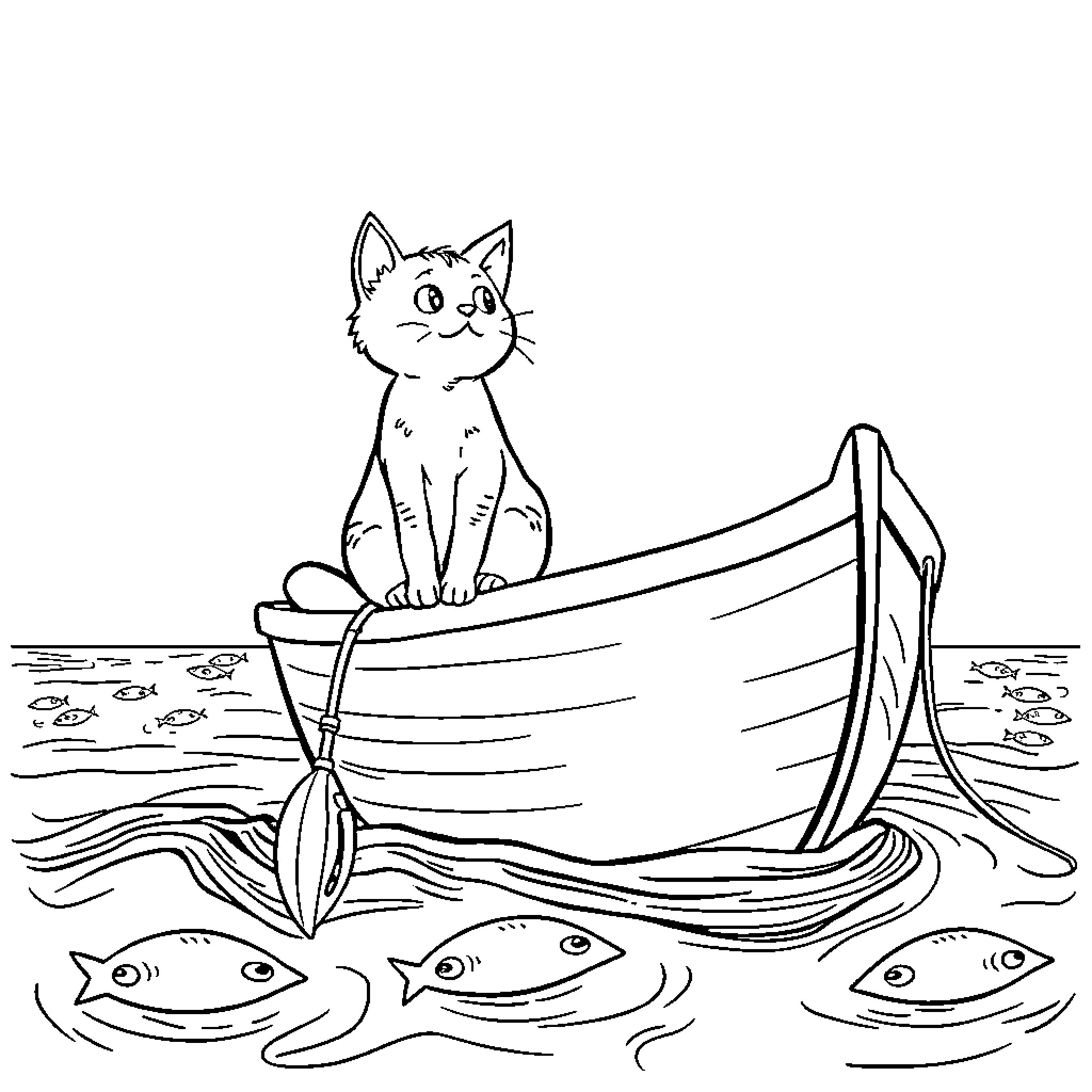 Cat exploring a boat on the water Coloring Page (free black-and-white line drawing printable PDF for all, from beginners to advanced learners, including children, teens, adults, and seniors)