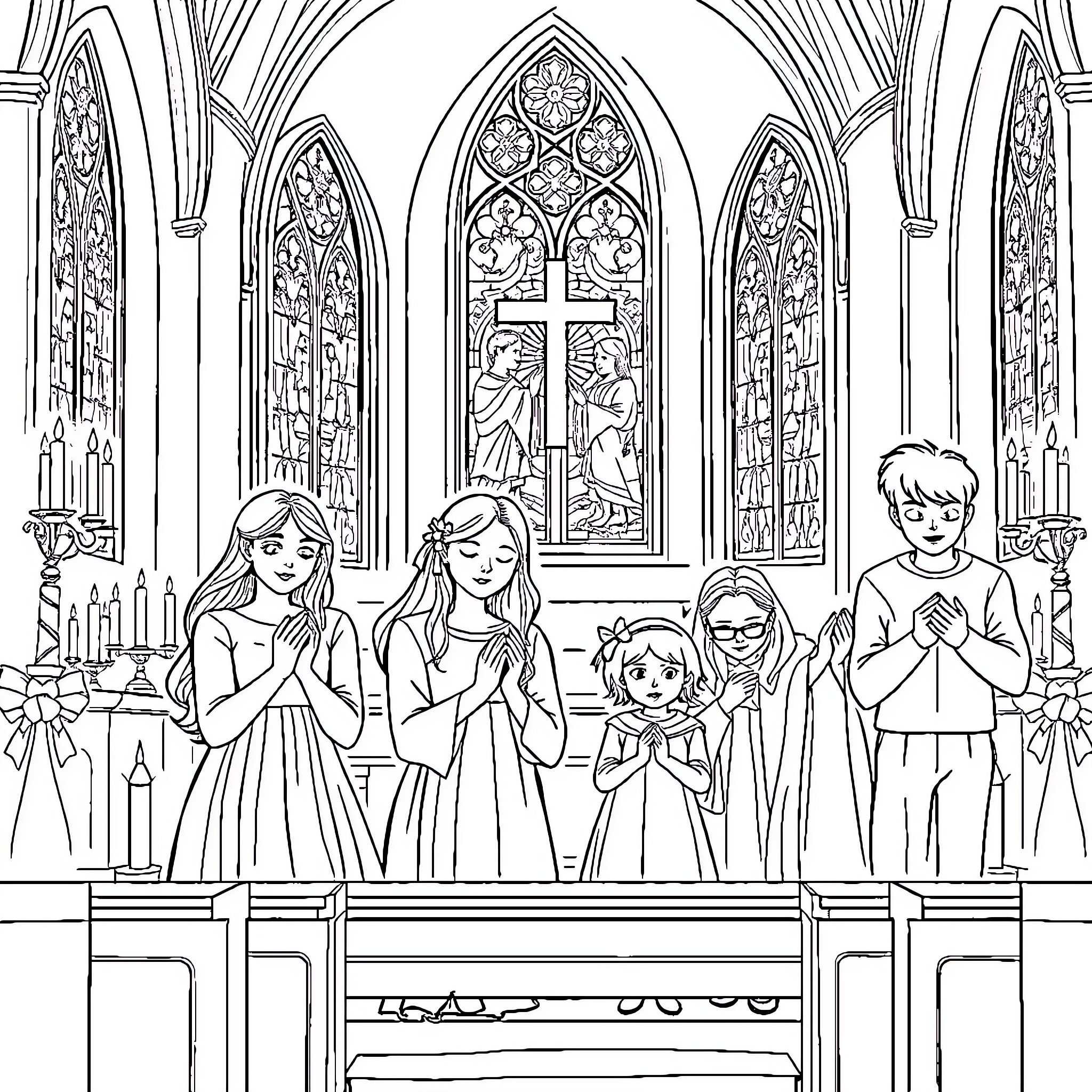 Family praying together in a church Coloring Page (free black-and-white line drawing printable PDF for all, from beginners to advanced learners, including children, teens, adults, and seniors)
