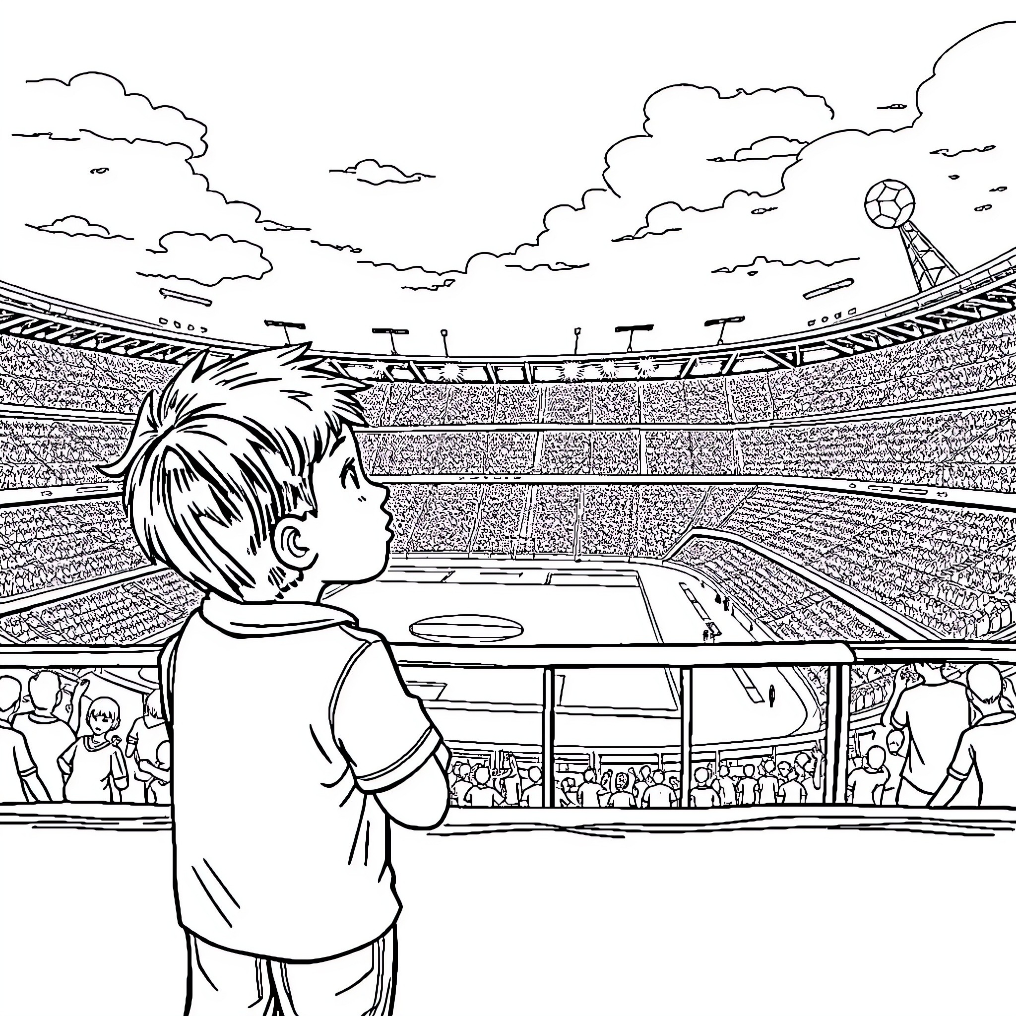 Niño watching a soccer match in the stadium Coloring Page (free black-and-white line drawing printable PDF for all, from beginners to advanced learners, including children, teens, adults, and seniors)