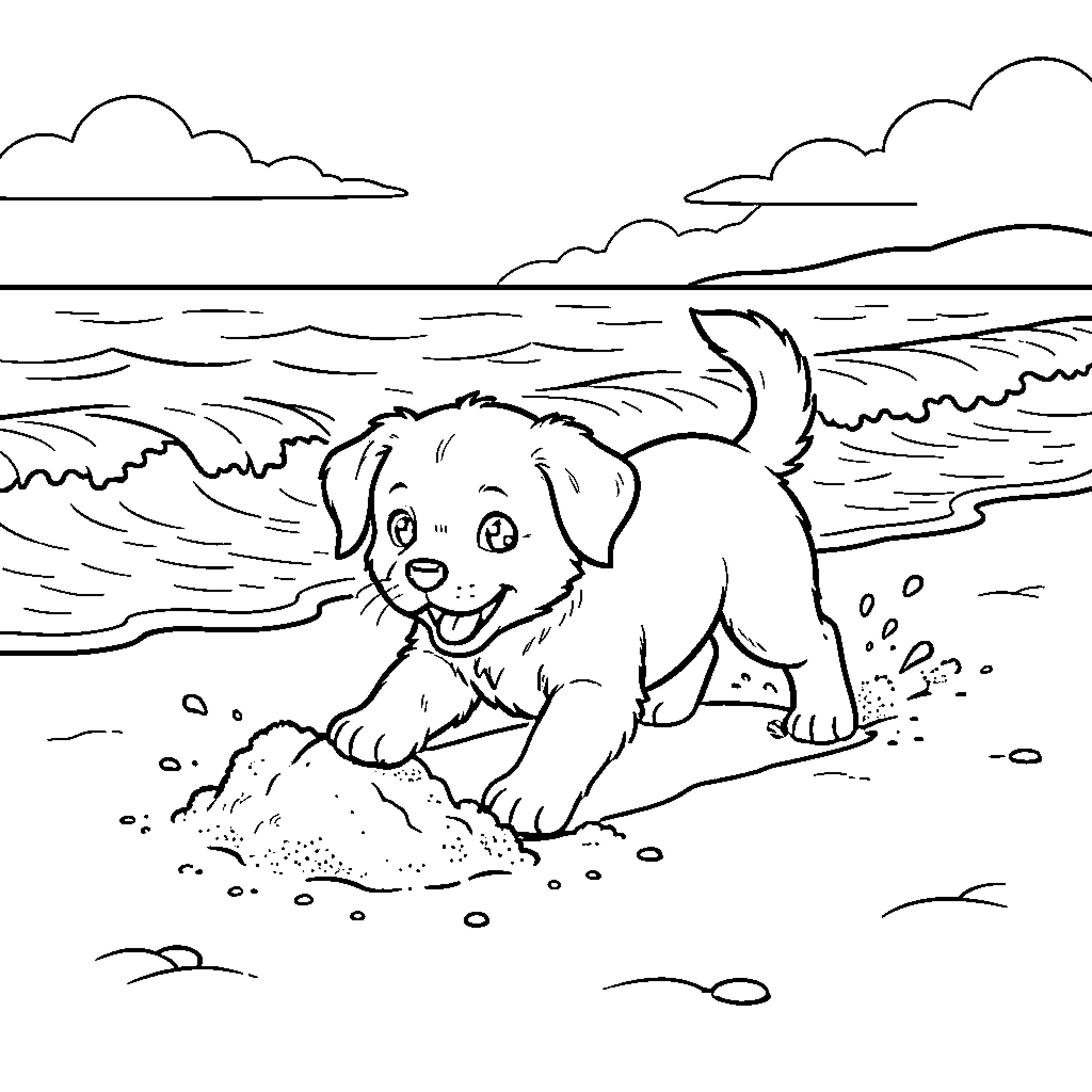 Puppy playing joyfully on the beach Coloring Page (free black-and-white line drawing printable PDF for all, from beginners to advanced learners, including children, teens, adults, and seniors)