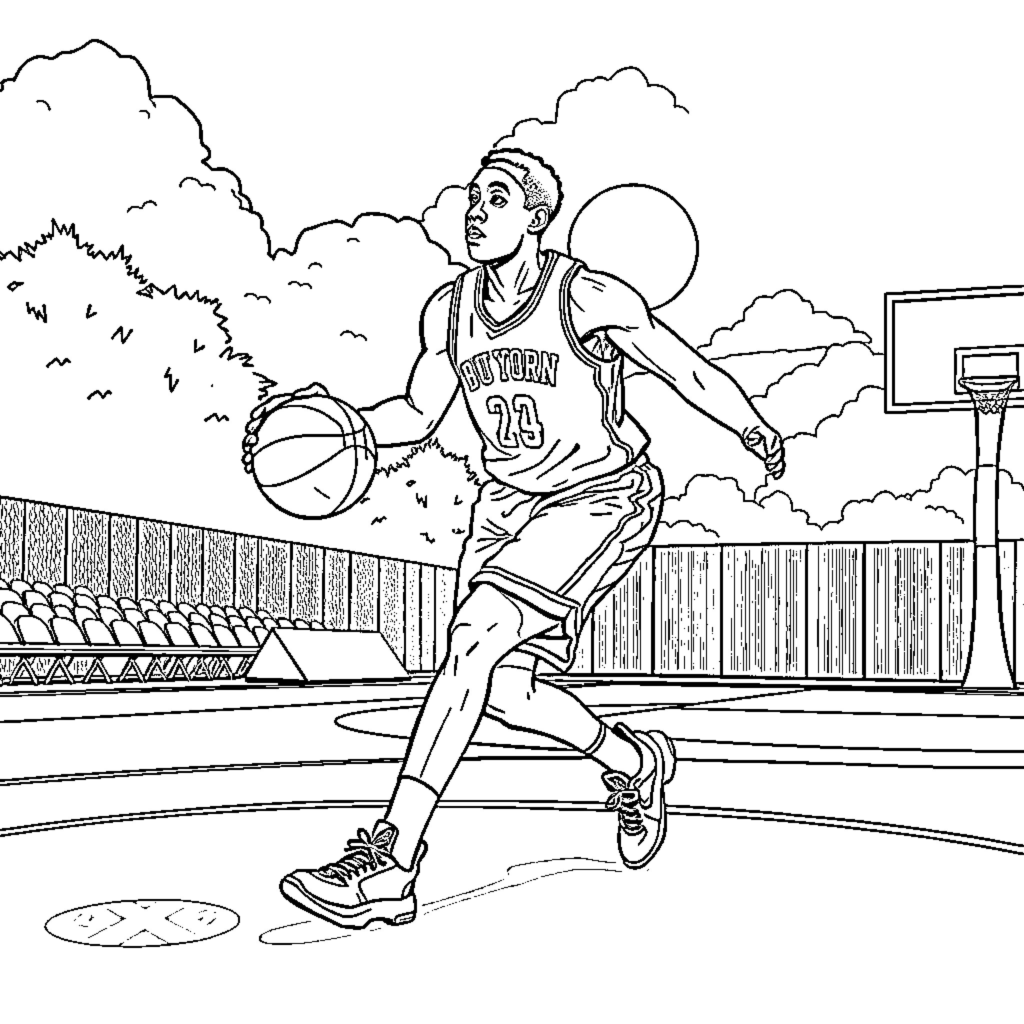 Ide Okojie playing basketball on the court Coloring Page (free black-and-white line drawing printable PDF for all, from beginners to advanced learners, including children, teens, adults, and seniors)