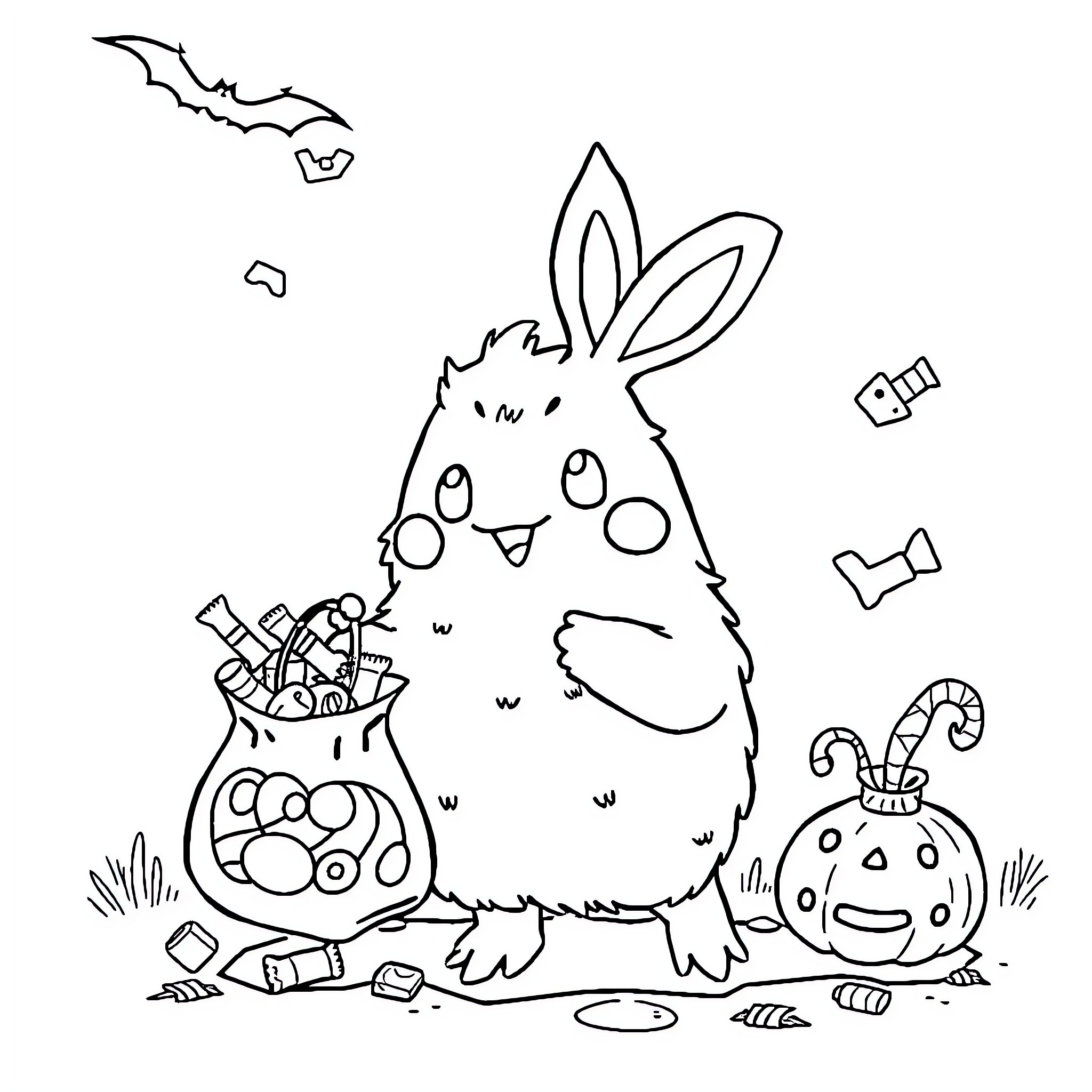 Togepi enjoying Halloween treats and decorations Coloring Page (free black-and-white line drawing printable PDF for all, from beginners to advanced learners, including children, teens, adults, and seniors)