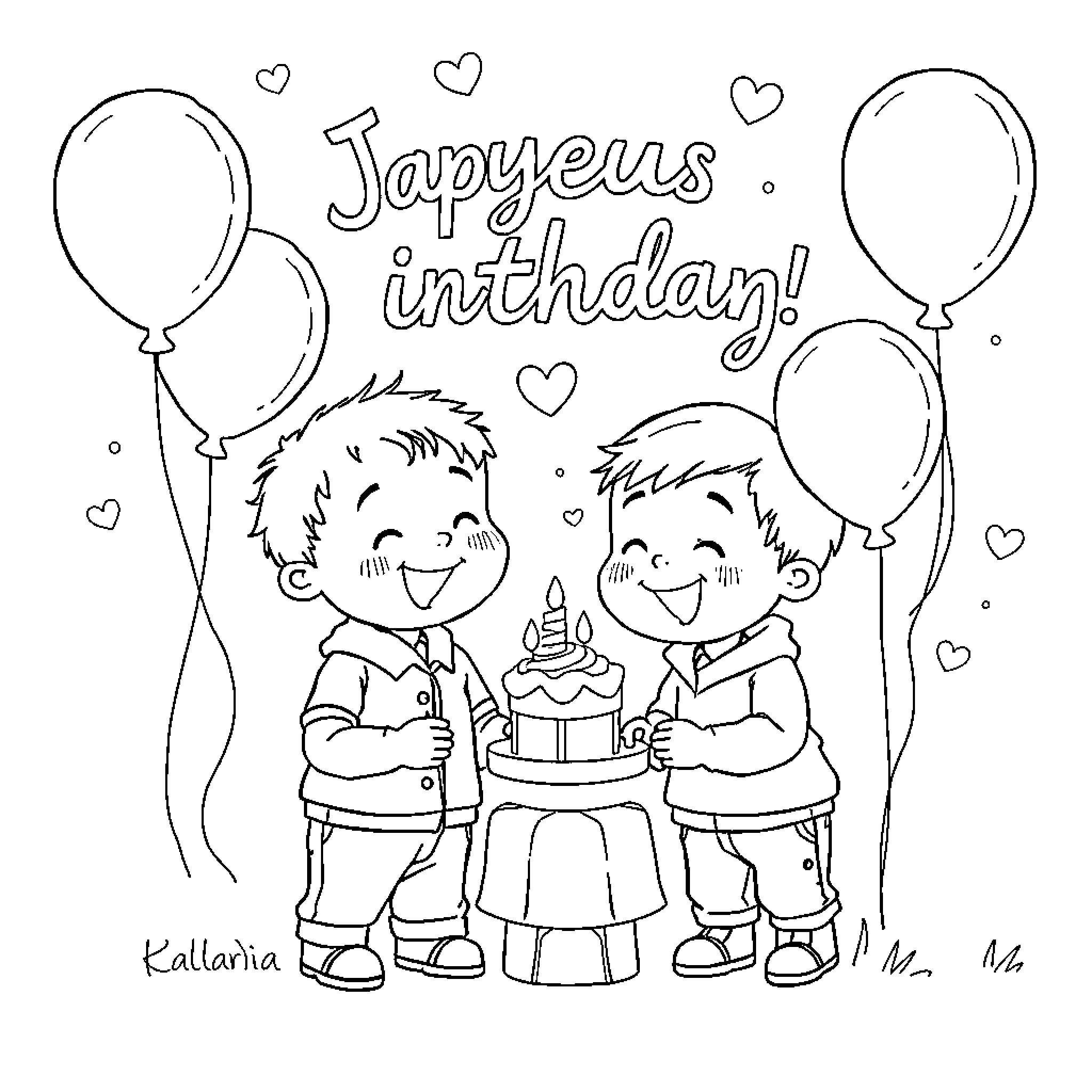 Boy celebrating birthday with friend happily Coloring Page (free black-and-white line drawing printable PDF for all, from beginners to advanced learners, including children, teens, adults, and seniors)