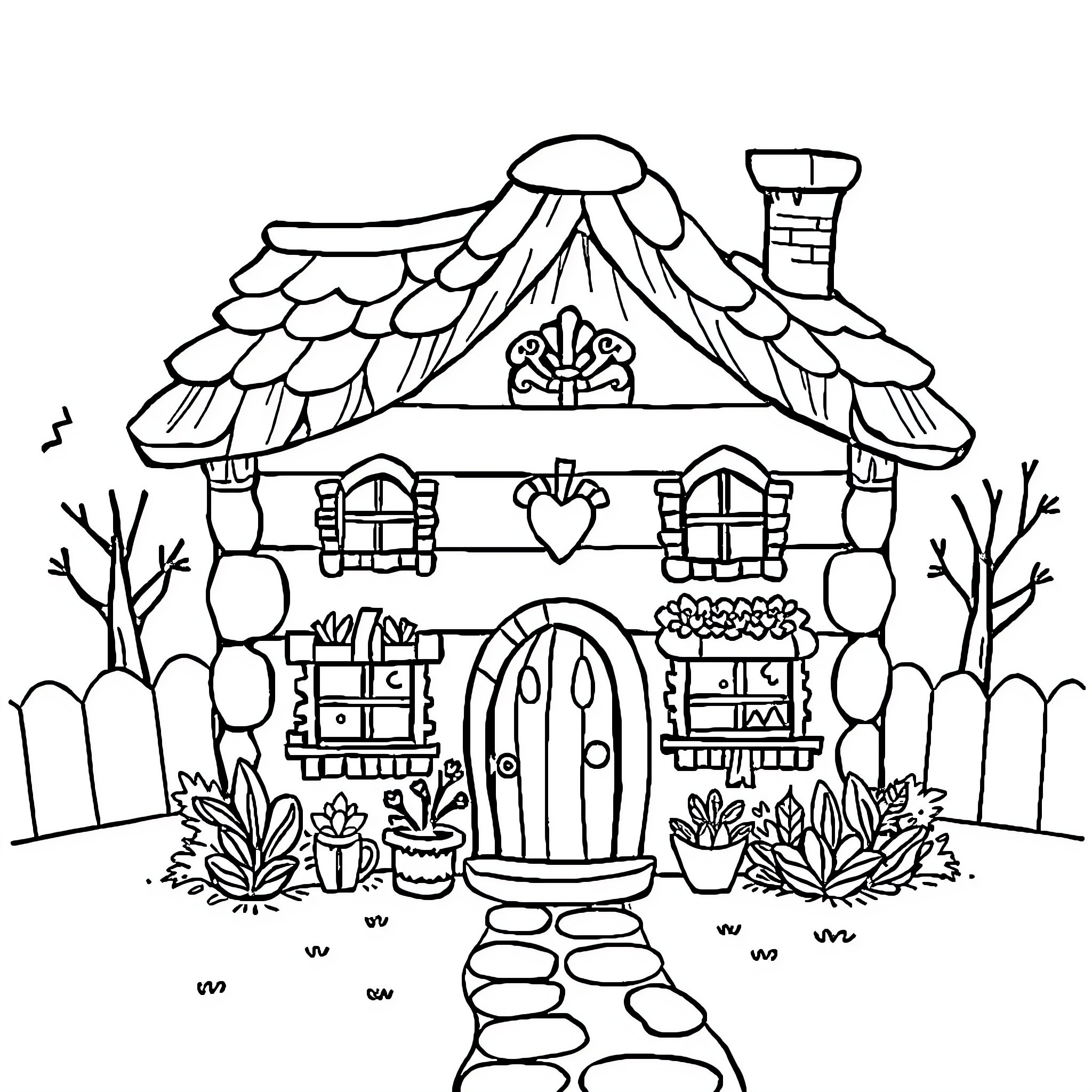 Dollhouse with Festive Decor and Picturesque Surroundings Coloring Page (free black-and-white line drawing printable PDF for all, from beginners to advanced learners, including children, teens, adults, and seniors)