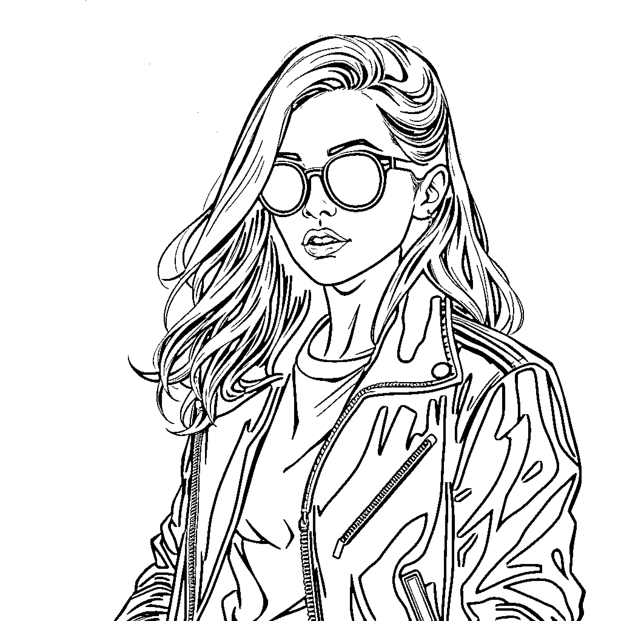 Sabrina Carpenter in a stylish jacket and sunglasses Coloring Page (free black-and-white line drawing printable PDF for all, from beginners to advanced learners, including children, teens, adults, and seniors)
