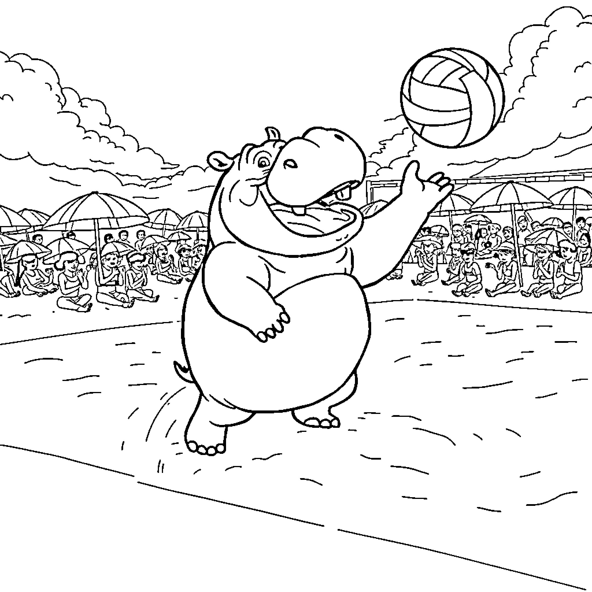 Hippo Playing Volleyball at the Beach Coloring Page (free black-and-white line drawing printable PDF for all, from beginners to advanced learners, including children, teens, adults, and seniors)