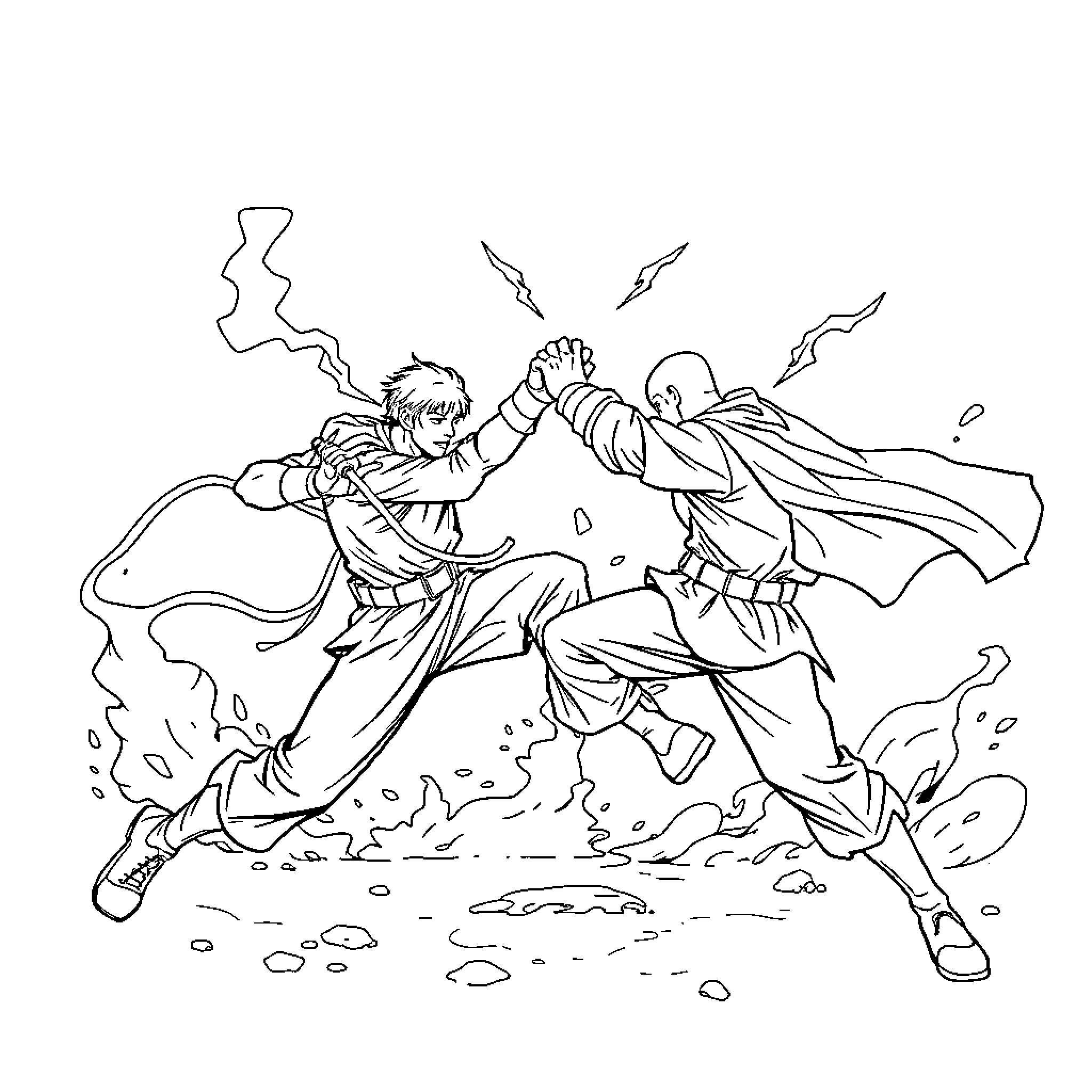 Combat between two determined warriors Coloring Page (free black-and-white line drawing printable PDF for all, from beginners to advanced learners, including children, teens, adults, and seniors)