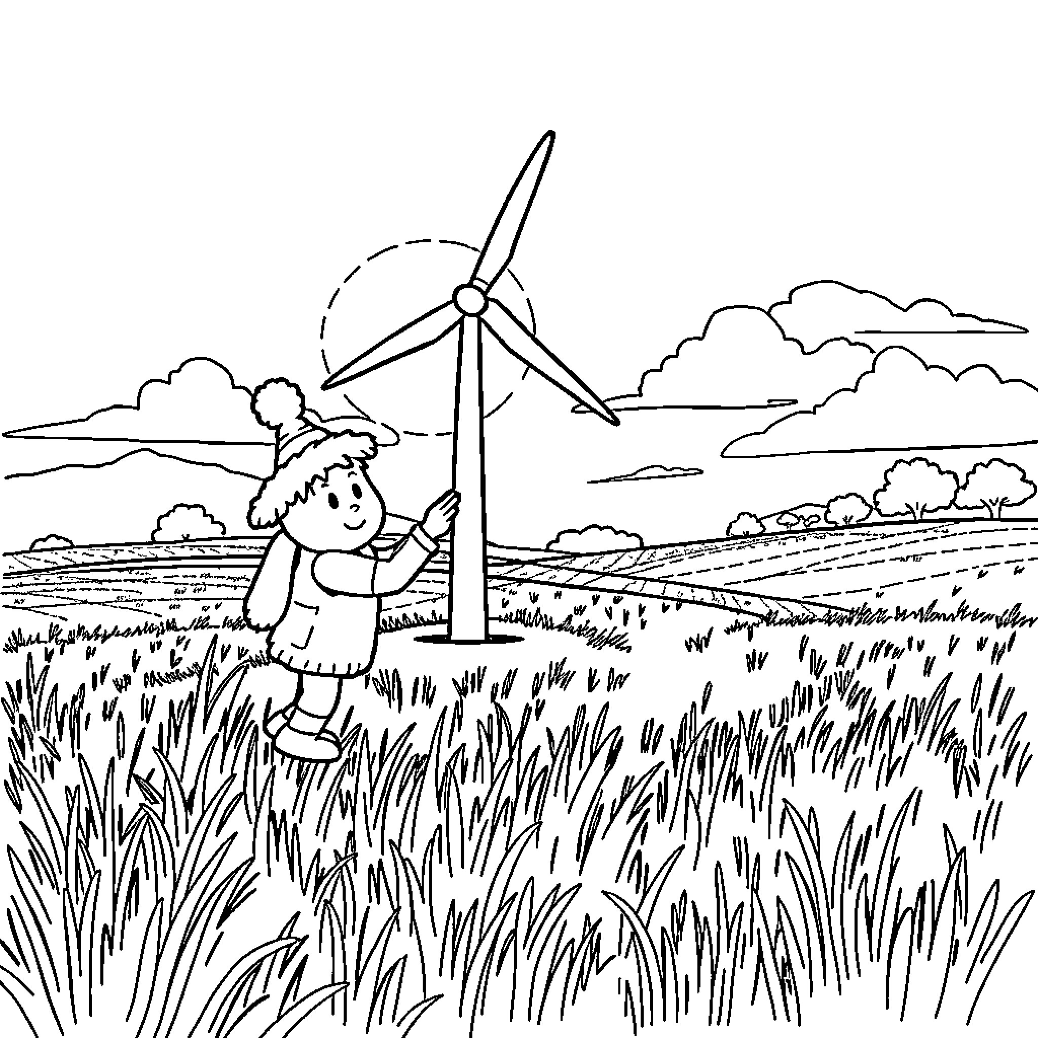 Bamm Bamm explores the wind turbine in the countryside Coloring Page (free black-and-white line drawing printable PDF for all, from beginners to advanced learners, including children, teens, adults, and seniors)