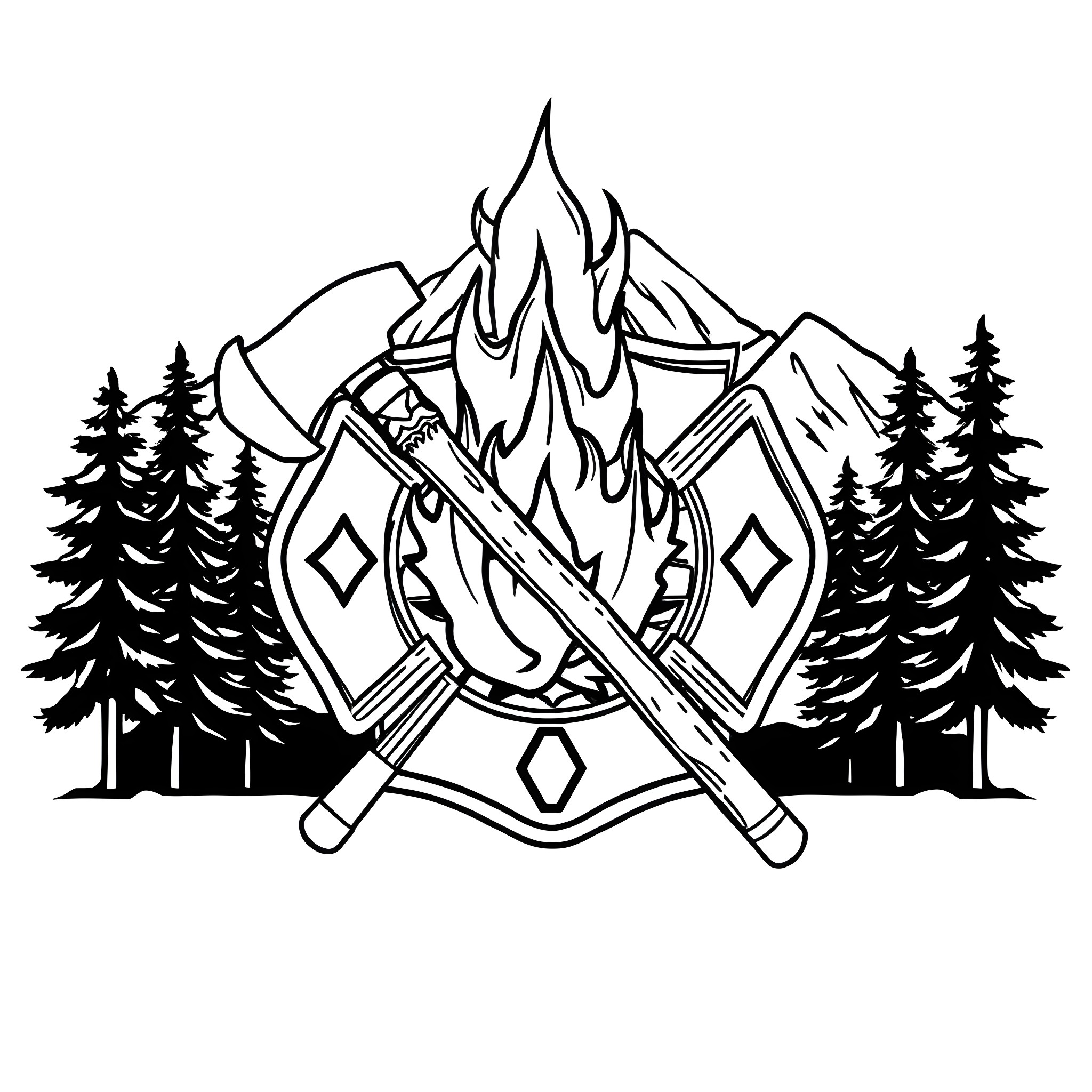 Firefighter battling blaze in the wilderness Coloring Page (free black-and-white line drawing printable PDF for all, from beginners to advanced learners, including children, teens, adults, and seniors)