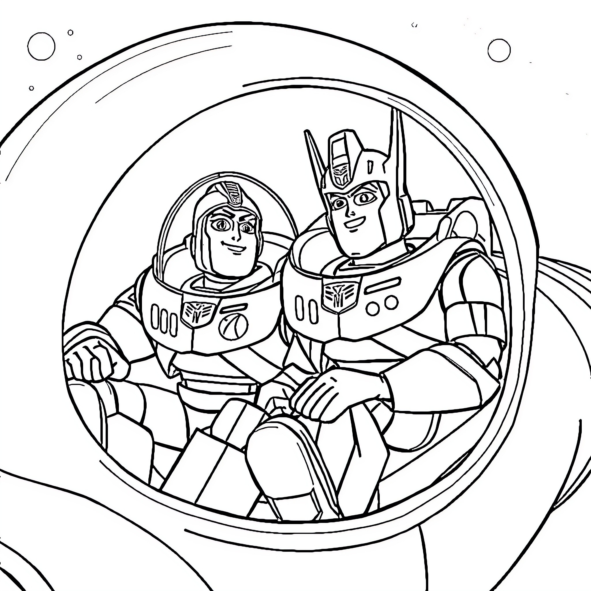 Buzz Lightyear and Woody soaring through space Coloring Page (free black-and-white line drawing printable PDF for all, from beginners to advanced learners, including children, teens, adults, and seniors)