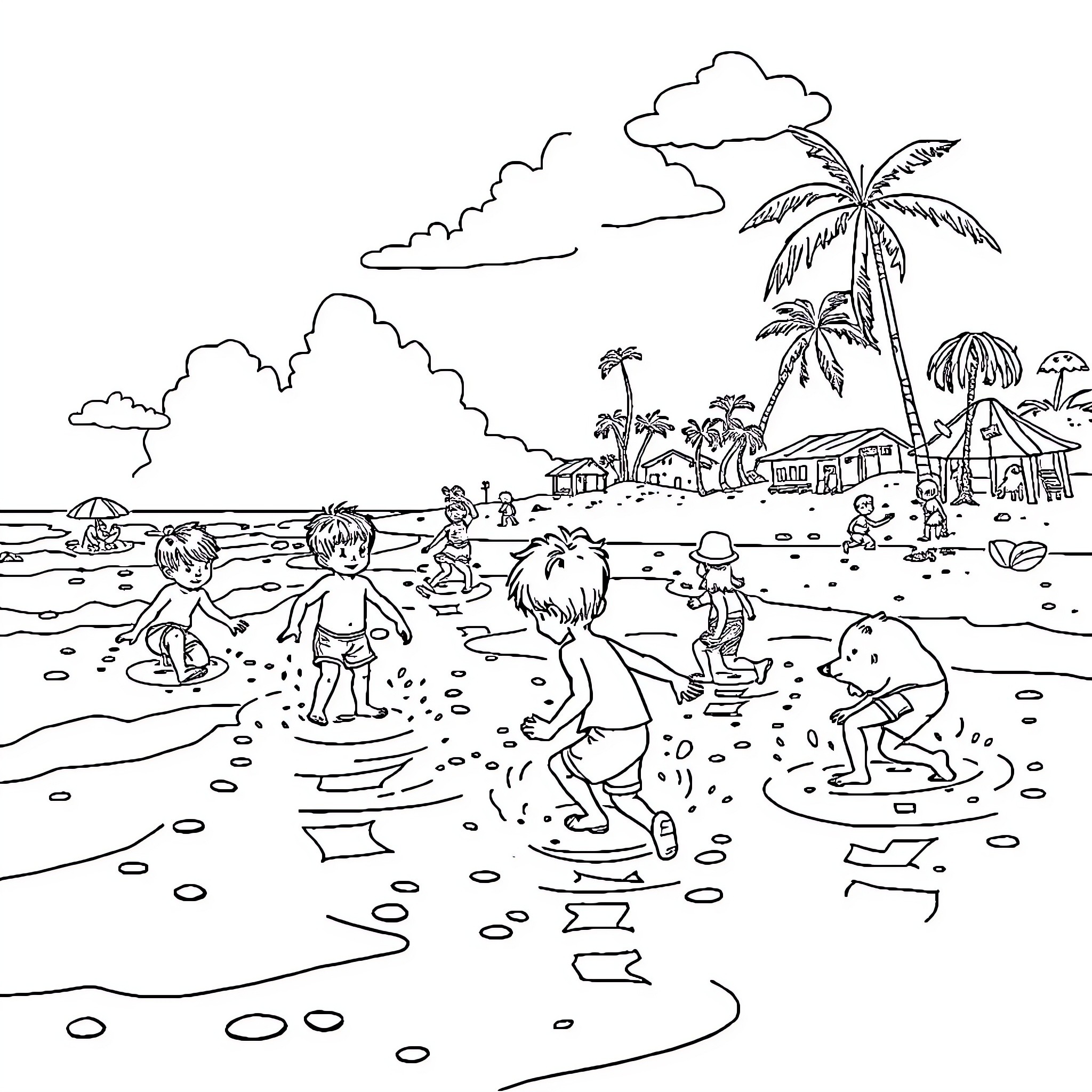 Beach scene with children playing in the water Coloring Page (free black-and-white line drawing printable PDF for all, from beginners to advanced learners, including children, teens, adults, and seniors)