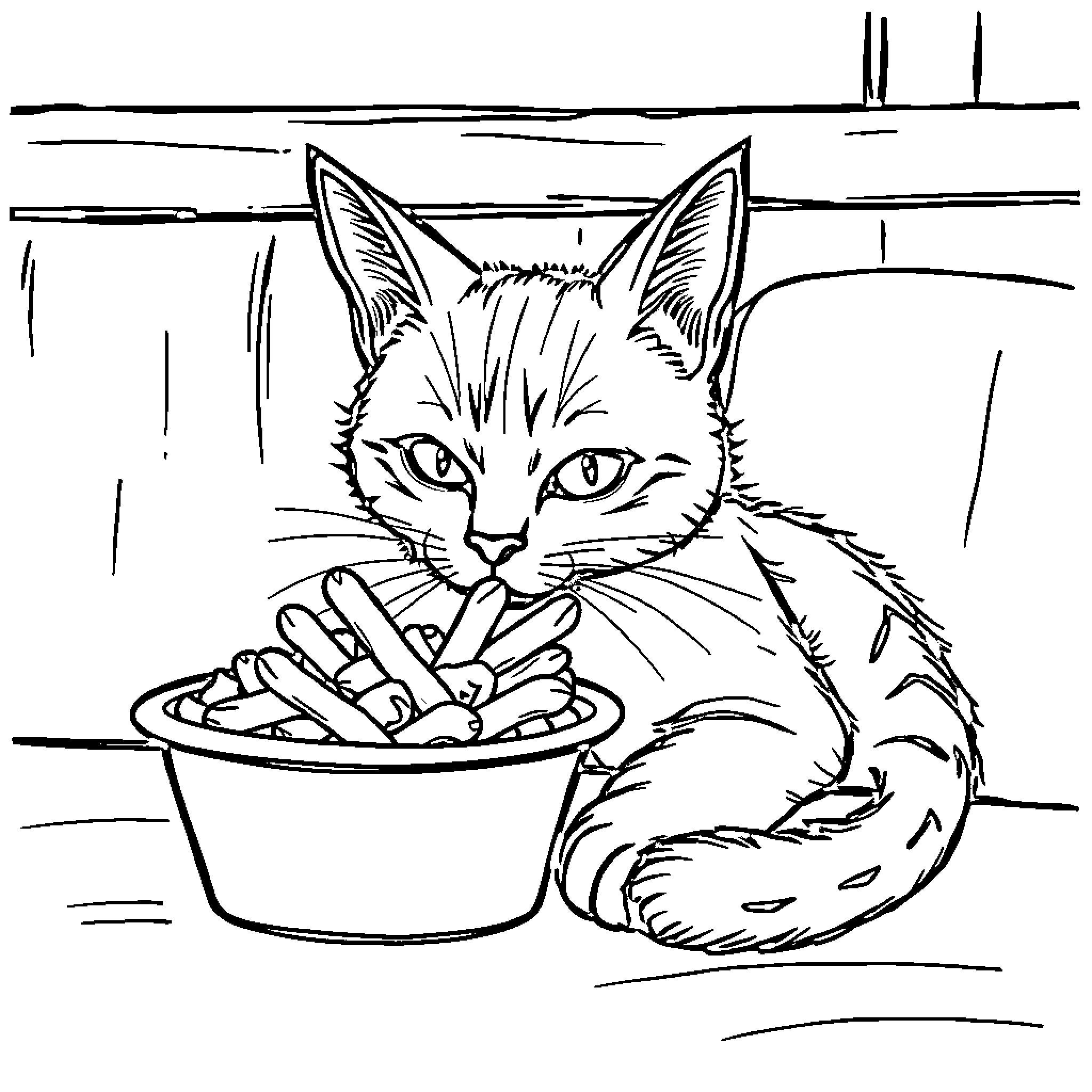 Cat enjoying a tasty meal in a dish Coloring Page (free black-and-white line drawing printable PDF for all, from beginners to advanced learners, including children, teens, adults, and seniors)