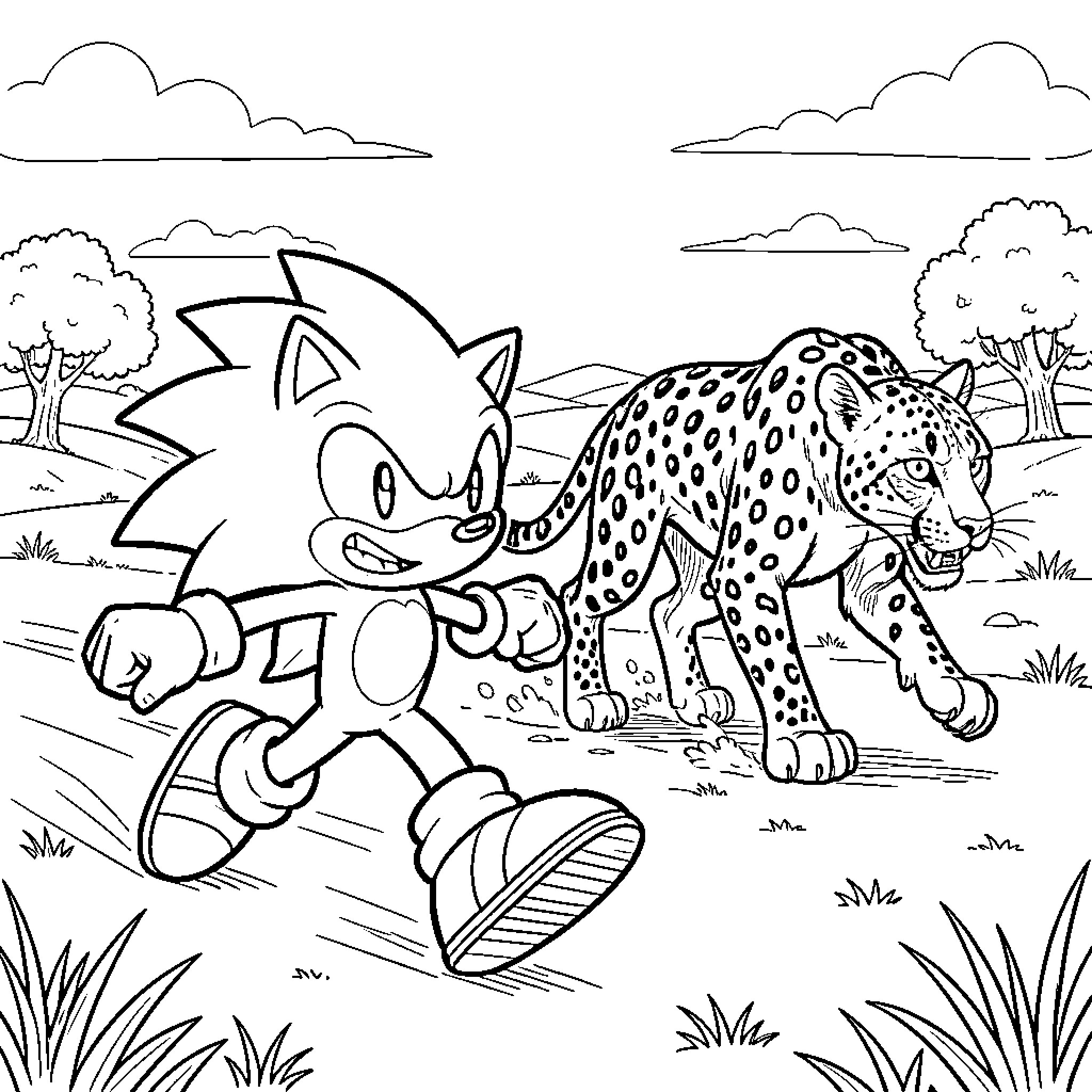 Sonic running alongside a spotted leopard in nature Coloring Page (free black-and-white line drawing printable PDF for all, from beginners to advanced learners, including children, teens, adults, and seniors)