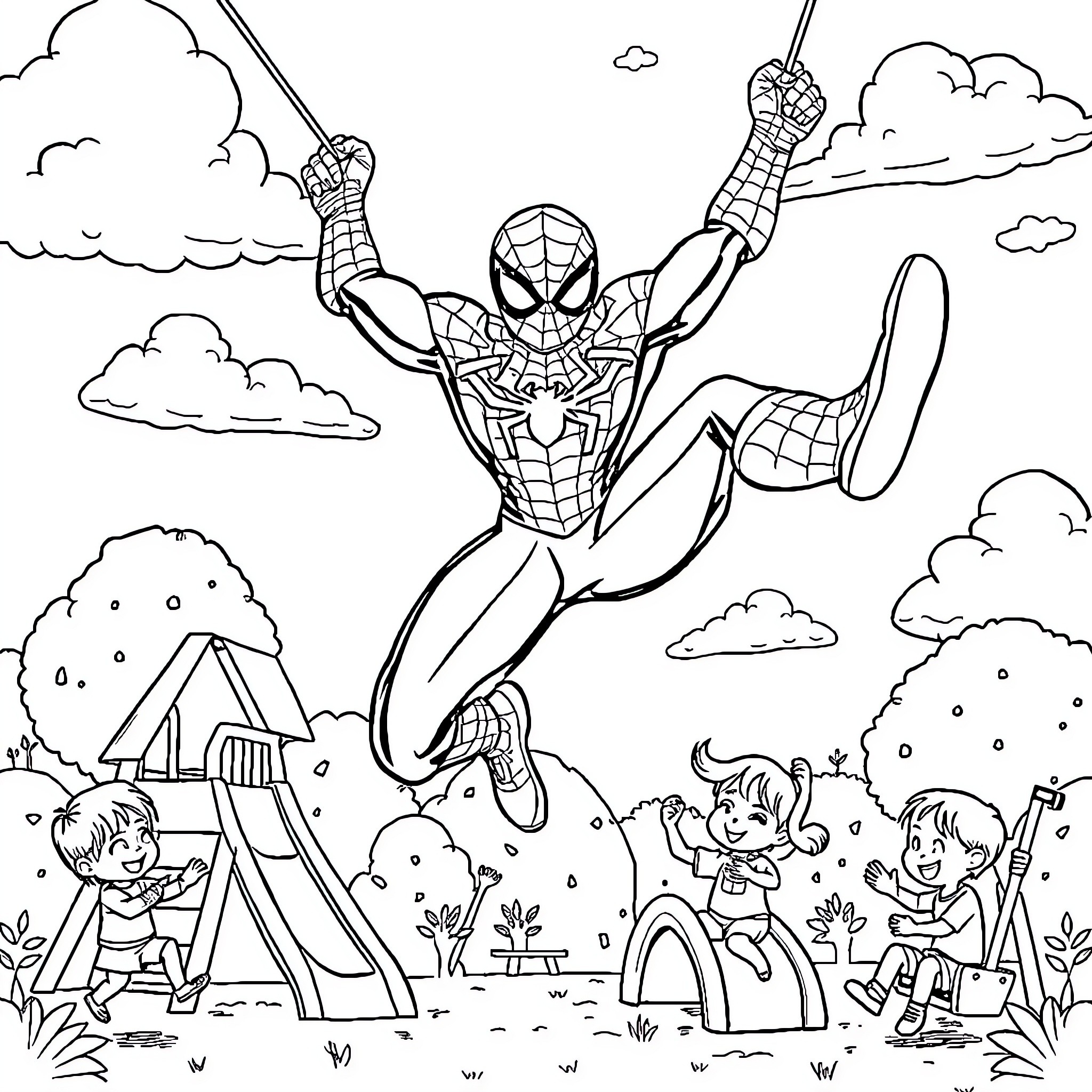Spiderman swinging and exploring with children in the park Coloring Page (free black-and-white line drawing printable PDF for all, from beginners to advanced learners, including children, teens, adults, and seniors)