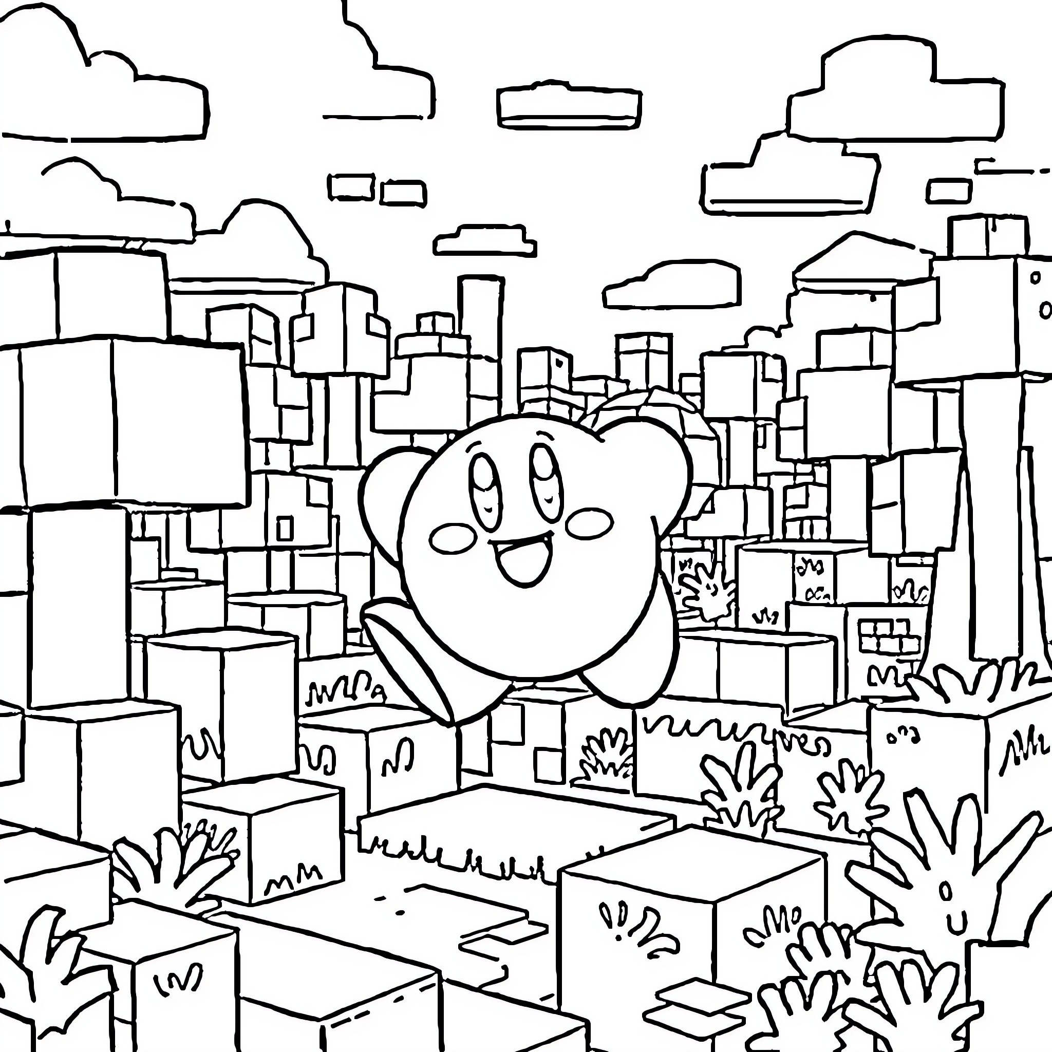 Kirby exploring a whimsical city landscape Coloring Page (free black-and-white line drawing printable PDF for all, from beginners to advanced learners, including children, teens, adults, and seniors)