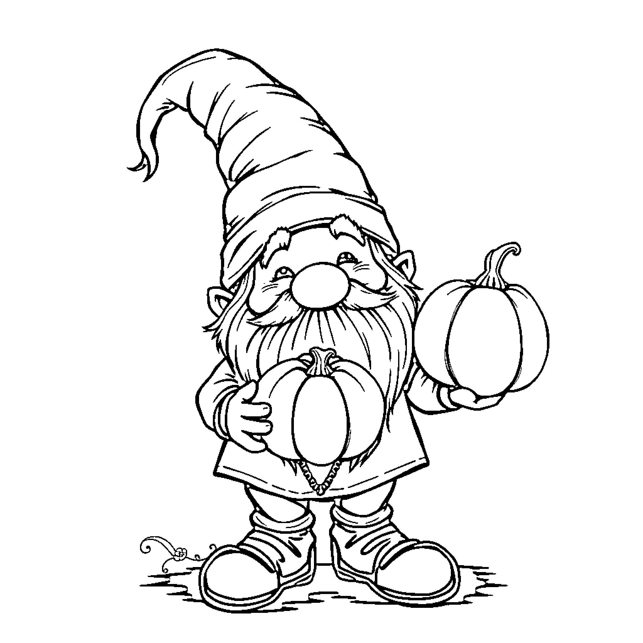 Gnome holding pumpkin with funny expression Coloring Page (free black-and-white line drawing printable PDF for all, from beginners to advanced learners, including children, teens, adults, and seniors)