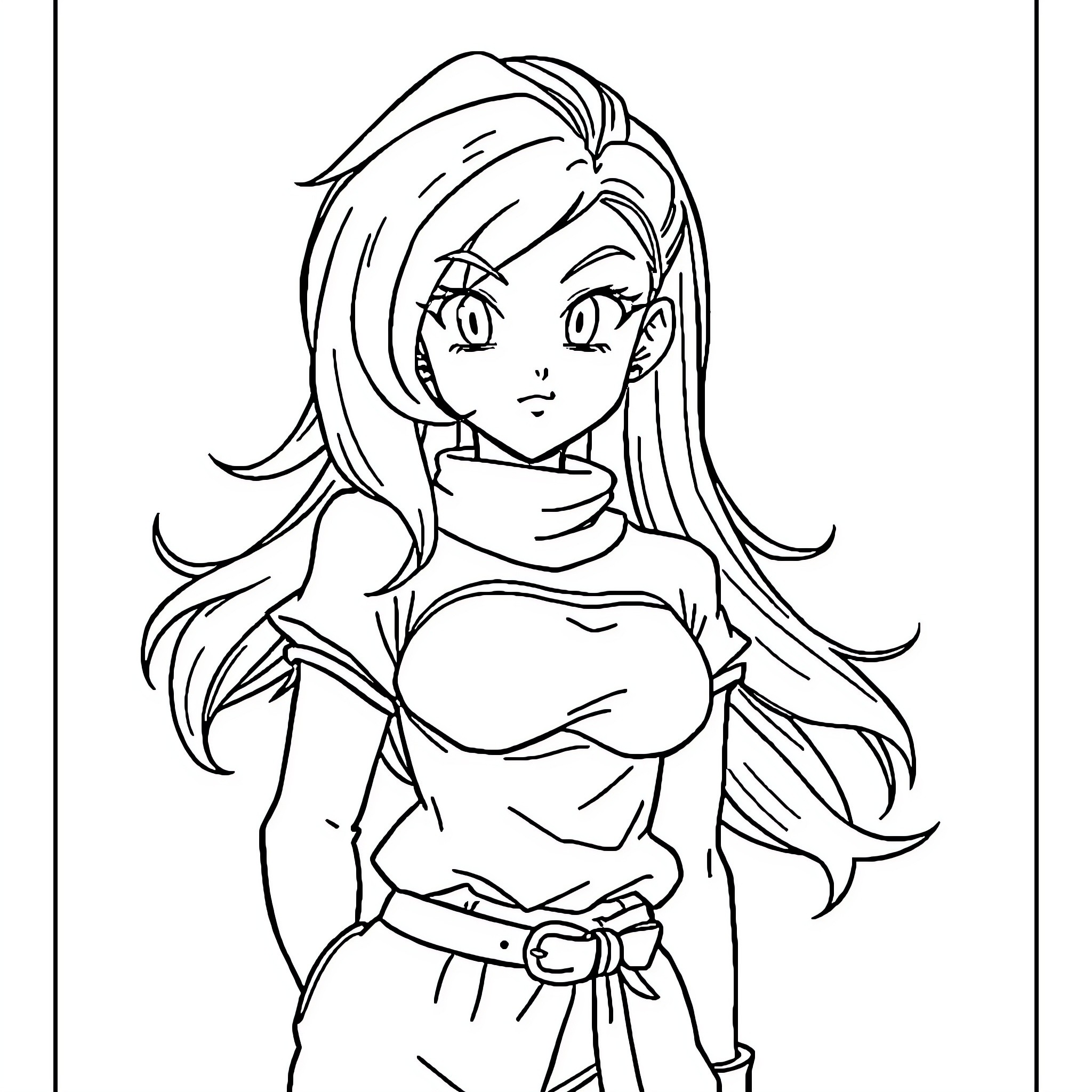 Bulma in confident pose with flowing hair Coloring Page (free black-and-white line drawing printable PDF for all, from beginners to advanced learners, including children, teens, adults, and seniors)