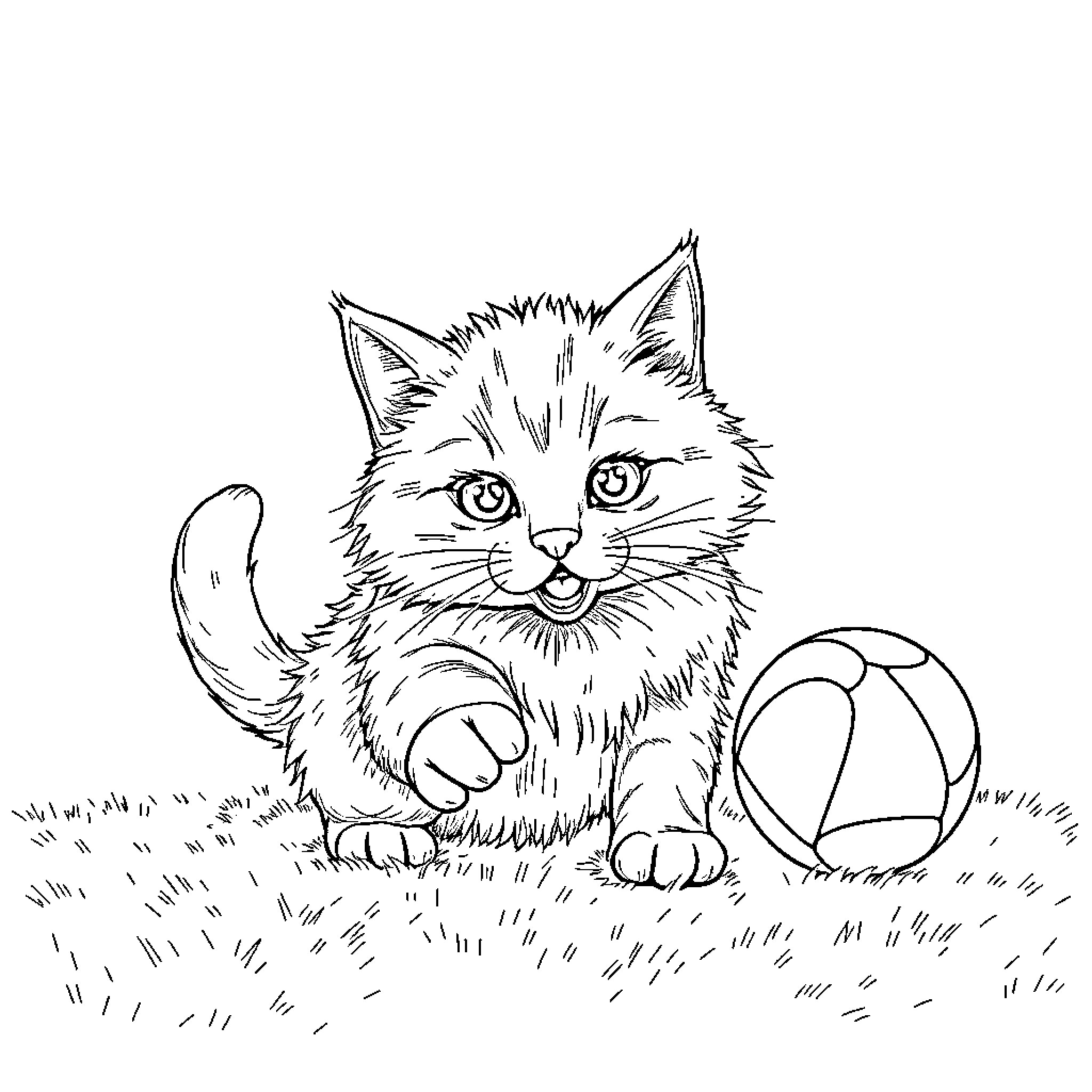 Cat curiously examining a toy ball on grass Coloring Page (free black-and-white line drawing printable PDF for all, from beginners to advanced learners, including children, teens, adults, and seniors)