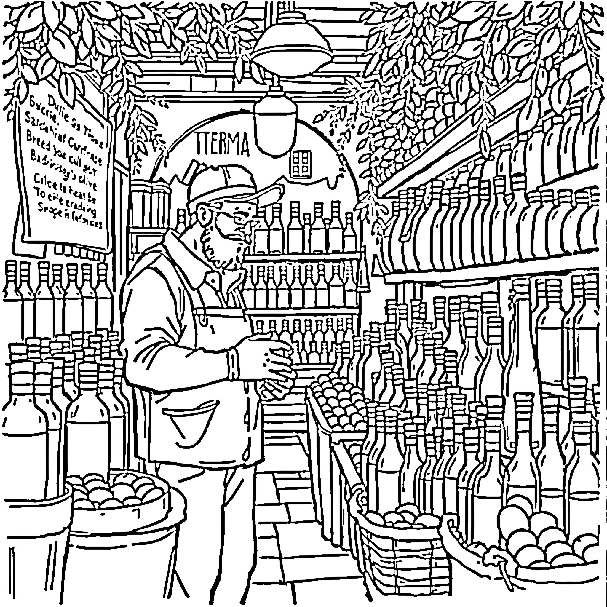 Badman selling products in a lively market Coloring Page (free black-and-white line drawing printable PDF for all, from beginners to advanced learners, including children, teens, adults, and seniors)