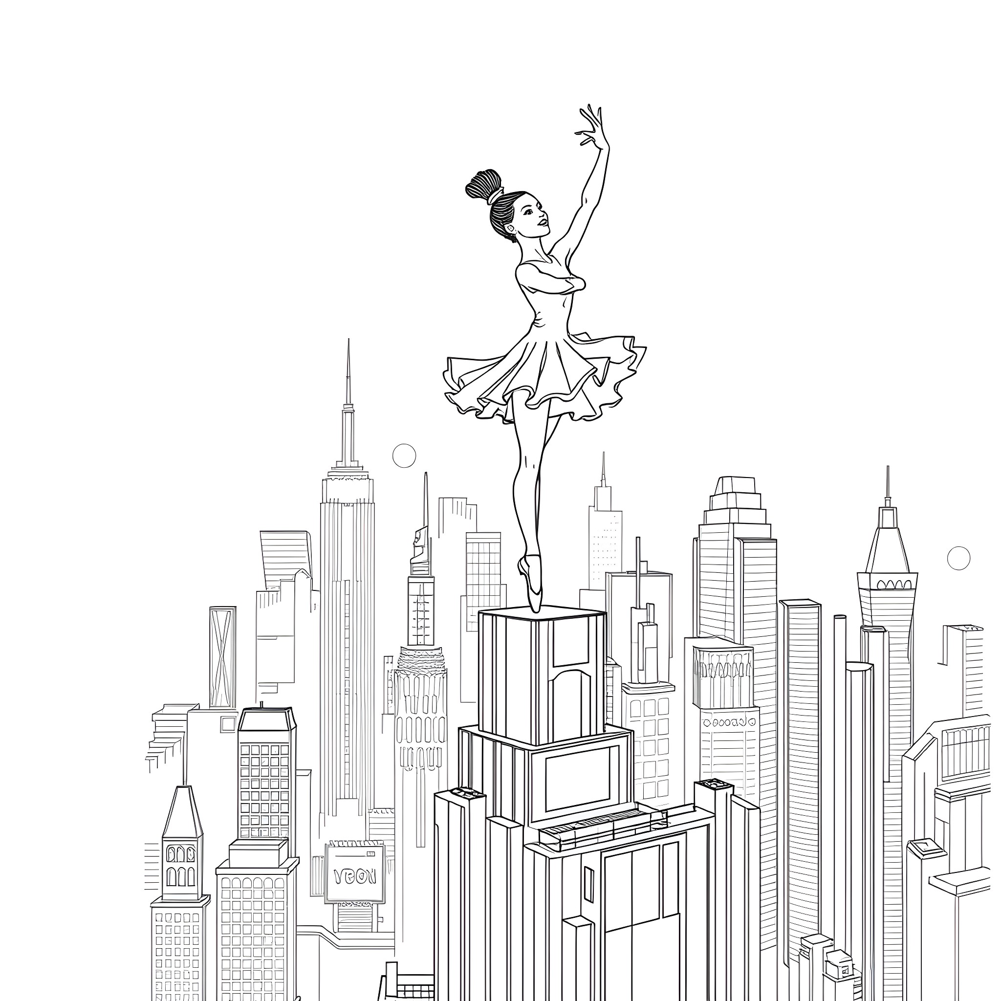 Ballerina dancing atop a city skyline Coloring Page (free black-and-white line drawing printable PDF for all, from beginners to advanced learners, including children, teens, adults, and seniors)